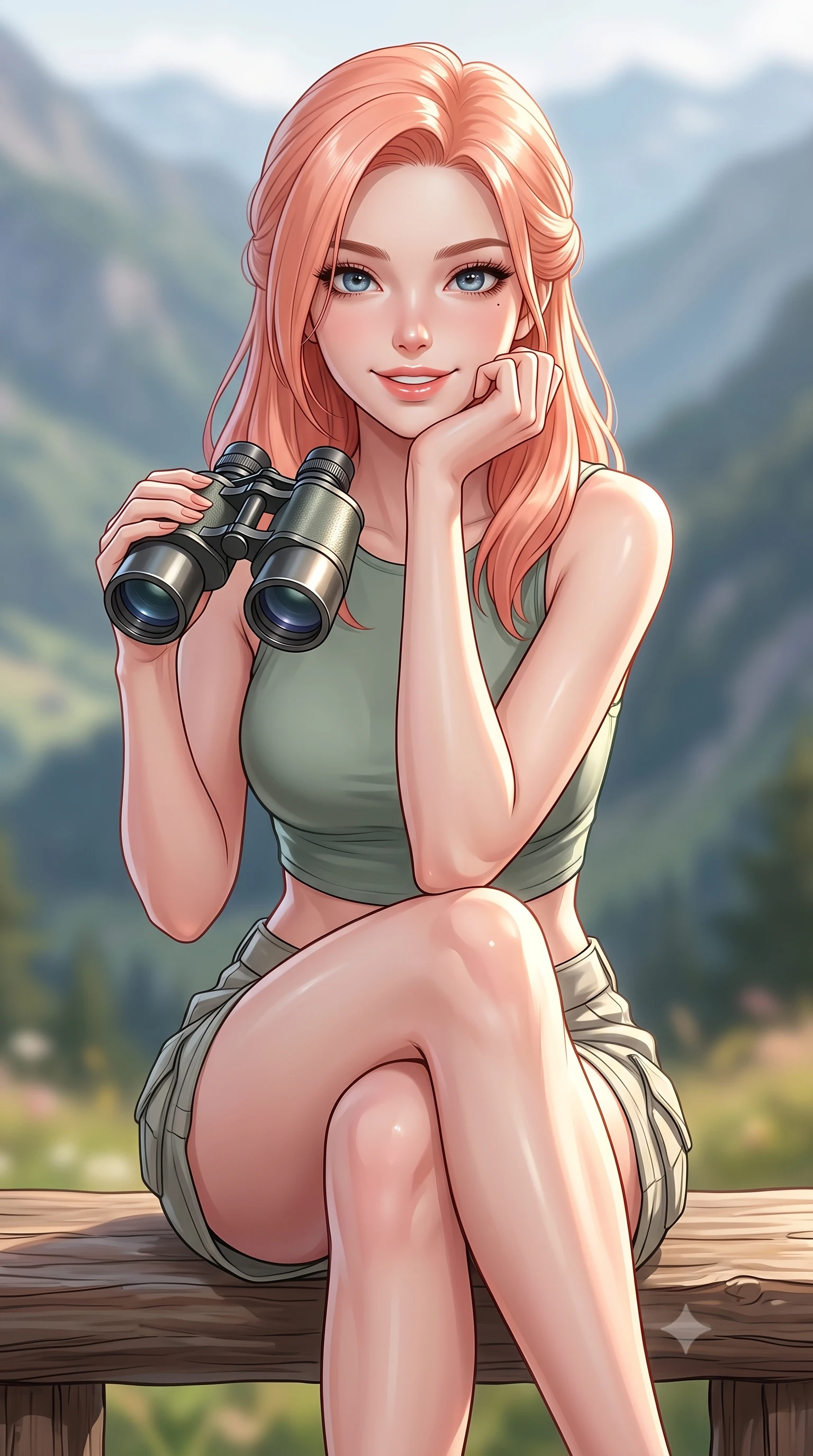 score_9, masterpiece, best quality, ultra-detailed, high-budget anime keyframe, editorial fashion photography, tasteful artistic composition, Japanese woman. close-up cowboy shot from the waist and thighs up, the character dominates the composition, filling the frame with her large presence, background elements kept in soft focus. smiling cutely while resting her chin on her hand, looking directly into the lens set against a soft-focus background of sitting on a rustic log bench overlooking a panoramic mountain valley looking through a pair of binoculars with a happy, excited expression. She has an exceptionally elegant, slender, and willowy female figure with an ultra-slim waist, a gracefully sculpted slender torso, and a refined silhouette. sharp v-shaped jawline, high-bridge nose, intricate jewel-like eyes with depth, thick eyelashes, glossy lips with a natural sheen. wearing tailored stylish crop top in sage green, paired with lightweight cargo shorts. soft diffused daylight creating a clean, high-key panoramic glow. ultra-reflective glossy finish, specular highlights, metallic sheen, high-contrast stereoscopic depth, volumetric dynamic lighting, 2k, ultra detail, master piece, 9:16 ratio