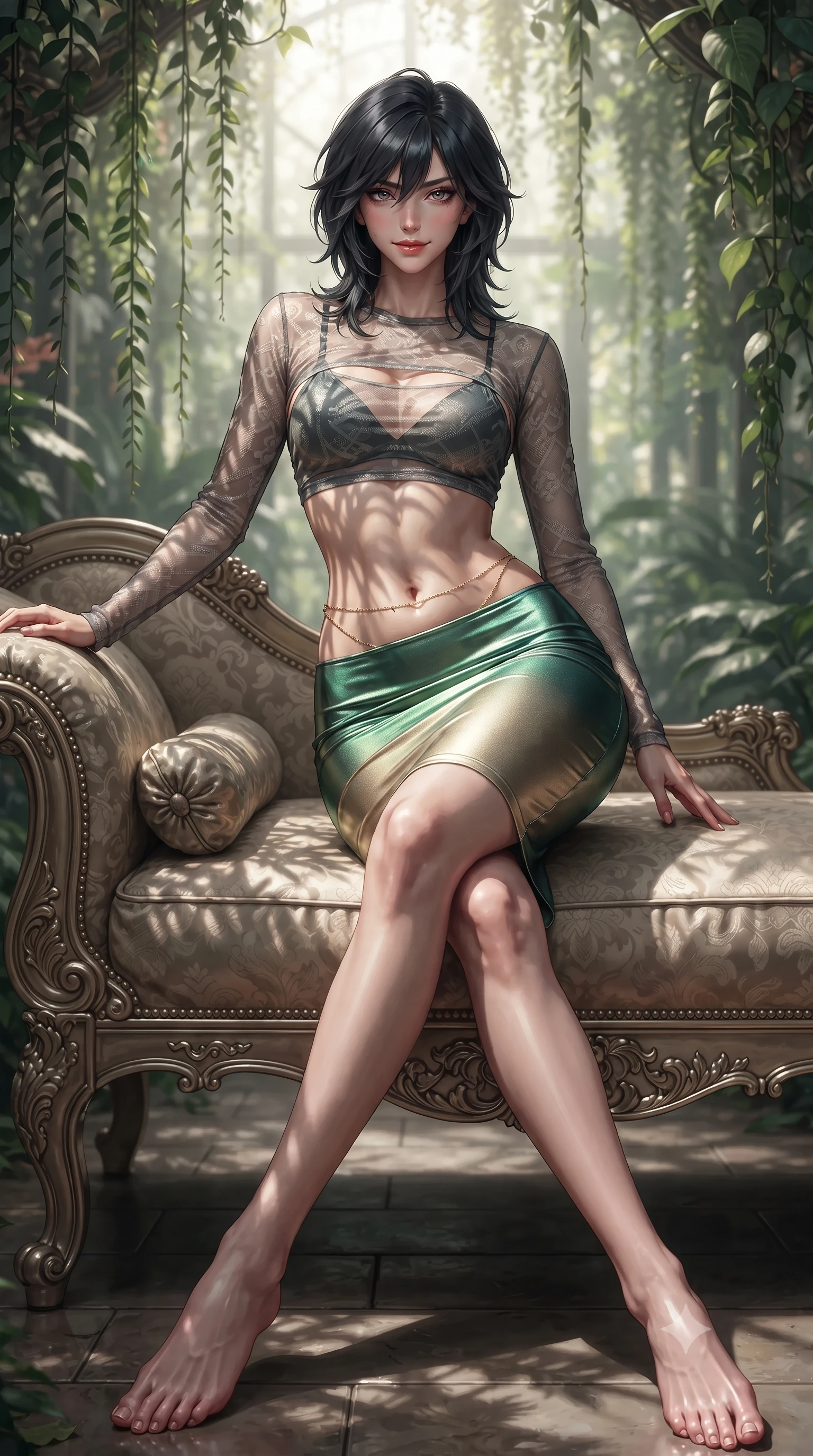 score_9, masterpiece, best quality, ultra-detailed, high-budget anime keyframe, editorial fashion photography, tasteful artistic composition, Caucasian woman. low angle full-body shot from head to toe showing her feet, filling the entire 9:16 vertical frame with her statuesque presence, stretching her vertical silhouette. lounging on the lavish daybed with legs crossed and hips angled toward the camera, displaying her toned midriff and long slender limbs with effortless siren poise while twisting her slender torso in an alluring contrapposto stance, dramatic leaf-shadow patterns dancing across her narrow waist and hips. The background shows a soft-focus hanging tropical vines softened in Victorian architectural shallow focus. She has an absolutely perfect, statuesque 8.5-heads proportion, an exceptionally tall and slender model-like female figure with impossibly long slender legs, an ultra-slim waist, a flat toned midriff, narrow delicate ribcage, and beautifully sculpted feminine hips creating a graceful, slim hourglass silhouette without any bulky heaviness. sharp v-shaped jawline, high-bridge nose, sparkling eyes with hypnotic seductive depth, thick curled eyelashes, glossy parted lips with a natural dewy peach sheen, alluring bedroom-eyes with an enchanting coquettish smile, exuding magnetic siren charisma and sophisticated glamour, flawlessly proportioned anatomical accuracy, strict slender model proportions, natural body alignment, perfectly sculpted long slender limbs, ultra-slim waistline, clean dynamic posture without body distortion. wearing a delicate sheer mesh long-sleeve crop top layered over an opaque strappy micro-bralette and tight metallic skirt in casino emerald green and metallic champagne gold with ruby glints, made of semi-opaque stretch illusion mesh with soft shadowy contours, accented with a dainty gold belly chain resting across her flat midriff and curving hips, the glove-like clinging cut tightly following the natural contour of her hips and long slender legs with youthful 8.5-heads elegance. bathed in vertical shafts of bright morning sun penetrating the dense botanical canopy. ultra-reflective glossy finish, specular highlights, rich textural contrasts, high-contrast stereoscopic depth, volumetric dynamic lighting, 2k, ultra detail, master piece, 9:16 ratio