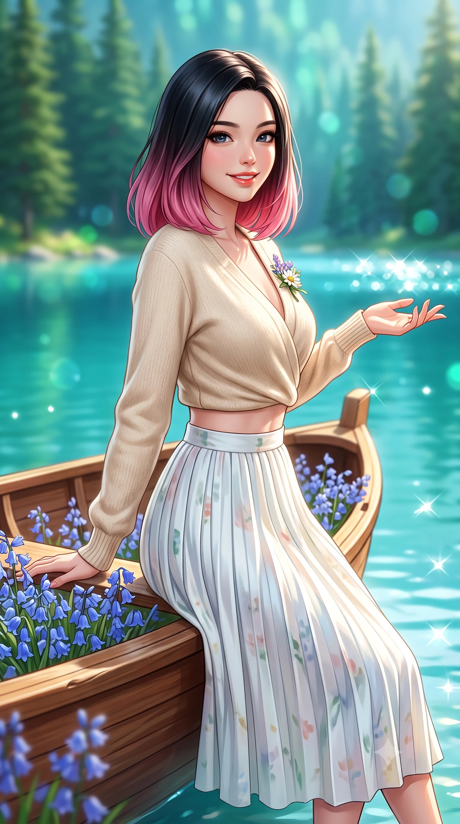 score_9, masterpiece, best quality, ultra-detailed, high-budget anime keyframe, semi-realistic 3D game render, editorial fashion photography, tasteful artistic composition, Korean woman. close-up cowboy shot from the waist and thighs up, the character dominates the composition, filling the frame with her large presence. extending one arm gracefully toward the scenery while turning back with an infectious, heartwarming smile while leaning gently against a vintage wooden rowboat filled with bluebells, casting a warm and charming gaze into the lens. The composition keeps background elements in soft focus with creamy bokeh. mirror-still turquoise lake waters and towering evergreen pine forests blurred into radiant emerald and cyan bokeh. She has an exceptionally elegant, slender, and willowy female figure with an ultra-slim waist, a gracefully sculpted slender torso, toned flat midriff, and a refined slim silhouette. sharp v-shaped jawline, high-bridge nose, intricate jewel-like eyes with depth, thick eyelashes, glossy lips with a natural sheen, pure and lovely fresh girlhood expression, flawlessly proportioned anatomical accuracy, strict slender model proportions, natural body alignment, perfectly sculpted long slender limbs, ultra-slim waistline, clean dynamic posture without body distortion. wearing an elegant soft cashmere wrap sweater paired with a flowing pleated satin midi skirt in fresh alpine white with subtle pastel floral accents, knitted from ultra-soft cozy baby-cashmere yarn, complemented by a delicate wildflower corsage pinned to the lapel, the chic real-way fashion cut emphasizing her effortless charm, flat midriff, and slender model proportions. bathed in radiant midday sunshine creating sparkling diamond glints across the turquoise lake surface. highly saturated vibrant anime colors, detailed shading with soft gradients, rich glossy textures, high-contrast stereoscopic depth, volumetric dynamic lighting, master piece, 9:16 ratio