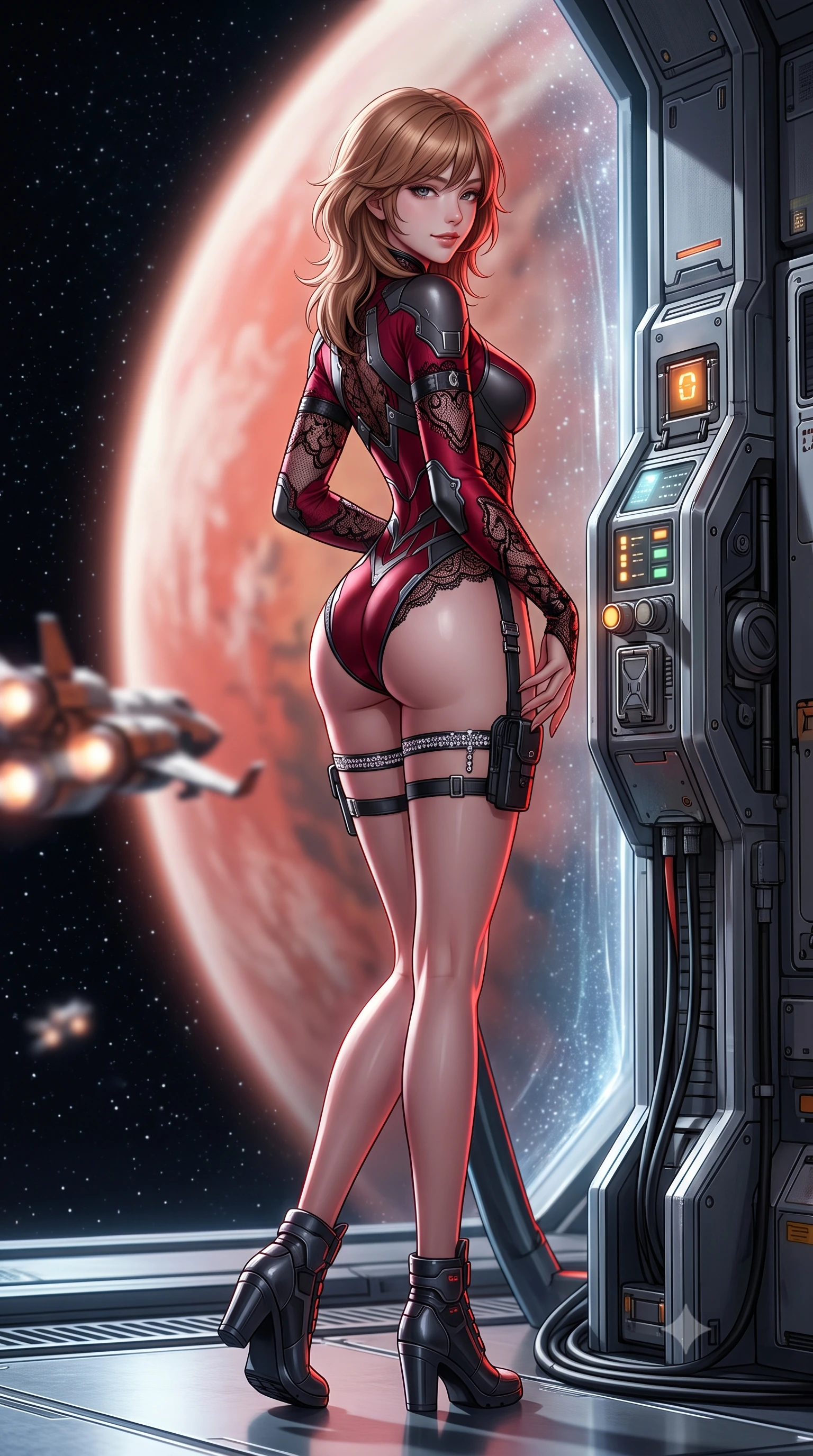 score_9, masterpiece, best quality, ultra-detailed, high-budget anime keyframe, semi-realistic 3D game render, editorial fashion photography, tasteful artistic composition, Korean woman. low angle full-body shot from head to toe showing her feet, filling the entire 9:16 vertical frame with her statuesque presence, stretching her vertical silhouette. executing a slow, graceful pivot turn as her skirt sways around her slender legs, glancing back with an enchanting, teasing sensual expression while leaning against the magnetic tether station with hips cocked back, looking through the vacuum seal field at approaching combat shuttles with heavy-lidded bedroom-eyes. The background shows a soft-focus gigantic curved red-and-white globe of Mars filling the view, countless stars in the black vacuum, and docking shuttle thrusters blurred into rust, white, and topaz bokeh. She has an exceptionally tall and slender model-like 8.5-heads proportion, an ultra-slim waist, a flat toned midriff, narrow delicate ribcage, and beautifully sculpted feminine hips creating a graceful, slim hourglass silhouette without any bulky heaviness, with impossibly long slender legs. sharp v-shaped jawline, high-bridge nose, intricate jewel-like sparkling eyes with depth, thick eyelashes, glossy parted lips with a natural peach sheen, bright cheerful beaming smile with an enchanting and coquettish sensual glint, exuding both youthful cute charm and seductive allure, flawlessly proportioned anatomical accuracy, strict slender model proportions, natural body alignment, perfectly sculpted long slender limbs, ultra-slim waistline, clean dynamic posture without body distortion. wearing a provocative sheer-illusion tactical combat bodysuit with strategic metallic foil flocking and high-cut leg openings in deep crimson hazard red and matte dark titanium, made of delicate semi-sheer French Chantilly lace with intricate eyelash edges, finished with delicate crystal-encrusted thigh garter straps glinting in the dim light, the form-contouring silhouette accentuating her sculpted flat midriff, narrow delicate ribcage, and gracefully curvy hips with intoxicating allure. illuminated by titanium floor reflection bounce and sharp Mars-red rim lights defining her jawline, narrow waist, and curvy hips. highly saturated vibrant anime colors, detailed shading with soft gradients, rich glossy textures, high-contrast stereoscopic depth, volumetric dynamic lighting, master piece, 9:16 ratio