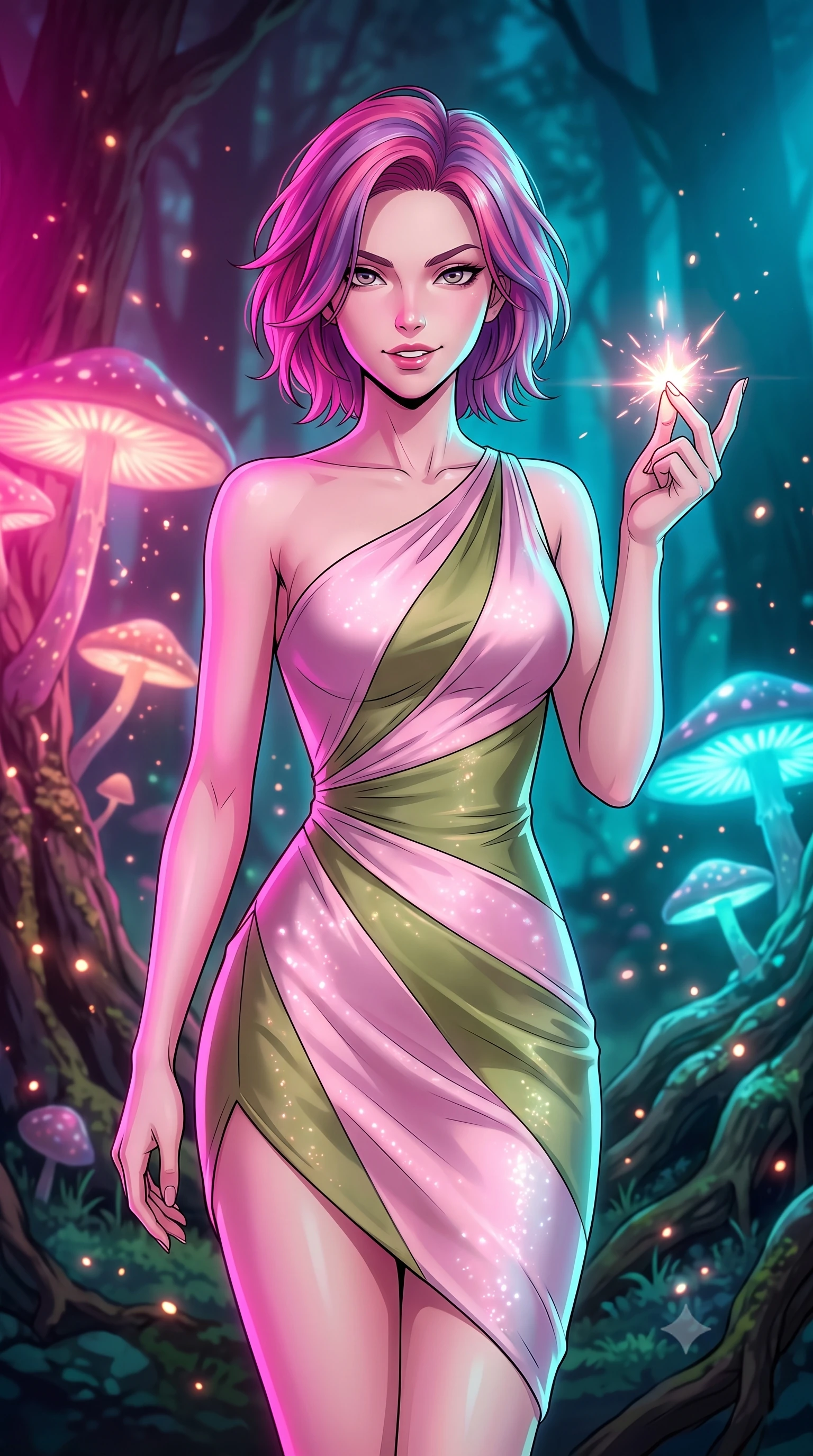 score_9, masterpiece, best quality, ultra-detailed, high-budget anime keyframe, clean line-art, cel-shading, Caucasian woman, strictly human ears. close-up cowboy shot from the waist and thighs up, the character dominates the composition, filling the frame with her large presence, background elements kept in soft focus. Snapping a finger to ignite a spark of magic, lips parted in a self-assured smirk. set against a soft-focus background of a dark forest clearing where massive glowing mushrooms grow on ancient tree roots, scattering glowing spores in the wind. She has an exceptionally elegant and slender, willowy female figure with an ultra-slim waist, a gracefully sculpted slender torso, and a refined slim physique. sharp v-shaped jawline, high-bridge nose, intricate jewel-like eyes with depth, thick eyelashes, glossy lips with a natural sheen. wearing catching and diffusing the glowing particles, shimmering softly in response to the surrounding light, a form-contouring sleek asymmetric one-shoulder dress in pastel pink and olive green silk, following her slender frame with sharp lines. dual-tone lighting with hot magenta from the left and cool cyan from the right. highly saturated vibrant anime colors, intense vivid color palette, volumetric dynamic lighting, 2k, ultra detail, master piece, 9:16 ratio