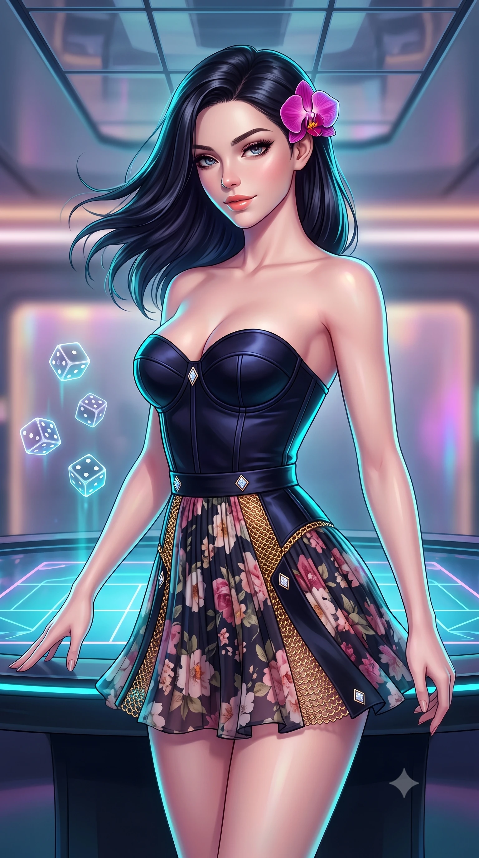 score_9, masterpiece, best quality, ultra-detailed, high-budget anime keyframe, semi-realistic 3D game render, editorial fashion photography, tasteful artistic composition, Caucasian woman. close-up cowboy shot from the waist and thighs up, the character dominates the composition, filling the frame with her large presence. turning slowly with an enchanting smoldering smile, her glossy hair tossing in the breeze as her hips angle gracefully in a captivating contrapposto while standing poised at the holographic dice table, arching her spine with seductive poise as floating digital dice roll in mid-air. The background shows a soft-focus mirrored ceiling panels softened in futuristic cyberpunk shallow focus. She has an exceptionally elegant, slender, and willowy female figure with an ultra-slim waist, flat toned midriff, narrow ribcage, and sculpted feminine hips creating an alluring, slim hourglass silhouette without bulk. sharp v-shaped jawline, high-bridge nose, sparkling eyes with hypnotic seductive depth, thick curled eyelashes, glossy parted lips with a natural dewy peach sheen, alluring bedroom-eyes with an enchanting coquettish smile, exuding magnetic siren charisma and sophisticated glamour, flawlessly proportioned anatomical accuracy, strict slender model proportions, natural body alignment, perfectly sculpted long slender limbs, ultra-slim waistline, clean dynamic posture without body distortion. wearing a strapless boned satin bustier paired with an airy micro-pleated floral chiffon skirt framing her hourglass hips in liquid gold chainmail and midnight obsidian black with diamond accents, tailored from fine breathable linen with soft natural texture and elegant drape, accented with a fresh-bloomed exotic magenta orchid tucked gracefully into her dark glossy hair, the liquid-tight tailored fabric clinging flawlessly to her narrow waist and rounded feminine hips, emphasizing every millimeter of her sculpted slim hourglass curves without any bulky heaviness. illuminated by holographic glow fill and sharp electric-cyan rim lights defining her razor-sharp jawline, narrow waist, and curvy hips. highly saturated vibrant anime colors, detailed shading with soft gradients, rich glossy textures, high-contrast stereoscopic depth, volumetric dynamic lighting, master piece, 9:16 ratio