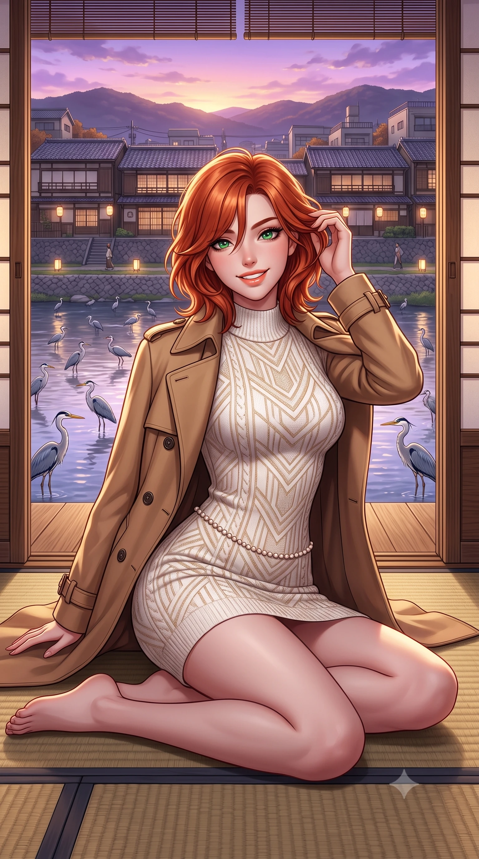 score_9, masterpiece, best quality, ultra-detailed, high-budget anime keyframe, semi-realistic 3D game render, editorial fashion photography, tasteful artistic composition, Korean woman. close-up cowboy shot from the waist and thighs up, the character dominates the composition, filling the frame with her large presence. twisting her slender torso in an alluring contrapposto stance, one hand toying with her hair while her gaze radiates magnetic charm while sitting gracefully on a tatami mat at the open veranda edge, watching herons wade in the Kamogawa river with tranquil charm. The surrounding environment is rendered in vivid detail and crisp panoramic clarity: detailed double-breasted wool gabardine trench coat drape, horn buttons, and historic Japanese urban architecture in high resolution. She has an exceptionally elegant, slender, and willowy female figure with an ultra-slim waist, flat toned midriff, narrow ribcage, and sculpted feminine hips creating an alluring, slim hourglass silhouette without bulk. sharp v-shaped jawline, high-bridge nose, intricate jewel-like sparkling eyes with depth, thick eyelashes, glossy parted lips with a natural peach sheen, bright cheerful beaming smile with an enchanting and coquettish sensual glint, exuding both youthful cute charm and seductive allure, flawlessly proportioned anatomical accuracy, strict slender model proportions, natural body alignment, perfectly sculpted long slender limbs, ultra-slim waistline, clean dynamic posture without body distortion. wearing a form-contouring Art Deco geometric patterned knit bodycon dress hugging her slender frame with golden thread accents in Swiss alpine snow white and oat cashmere, woven from stretch metallic lurex knit casting subtle luminous champagne glints across her contours, accented with a dainty pearl waist chain catching the ambient sunlight across her sculpted waistline, the second-skin tailored fabric adhering flawlessly to her sculpted flat midriff and slender torso, emphasizing her long leg lines and perfectly proportioned willowy build. bathed in the soft purple-gold twilight glow of autumn sunset over the Higashiyama mountains mixed with warm paper lantern lights. highly saturated vibrant anime colors, detailed shading with soft gradients, rich glossy textures, high-contrast stereoscopic depth, volumetric dynamic lighting, master piece, 9:16 ratio