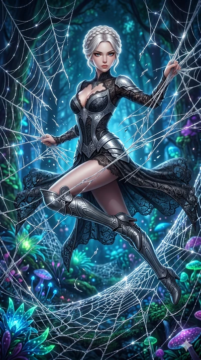 score_9, masterpiece, best quality, ultra-detailed, Set A: Photorealistic 8k CG, Japanese woman. Low angle cowboy shot filling the entire 9:16 frame with her statuesque presence. Leaping through a giant spiderweb made of silver silk. She has an absol