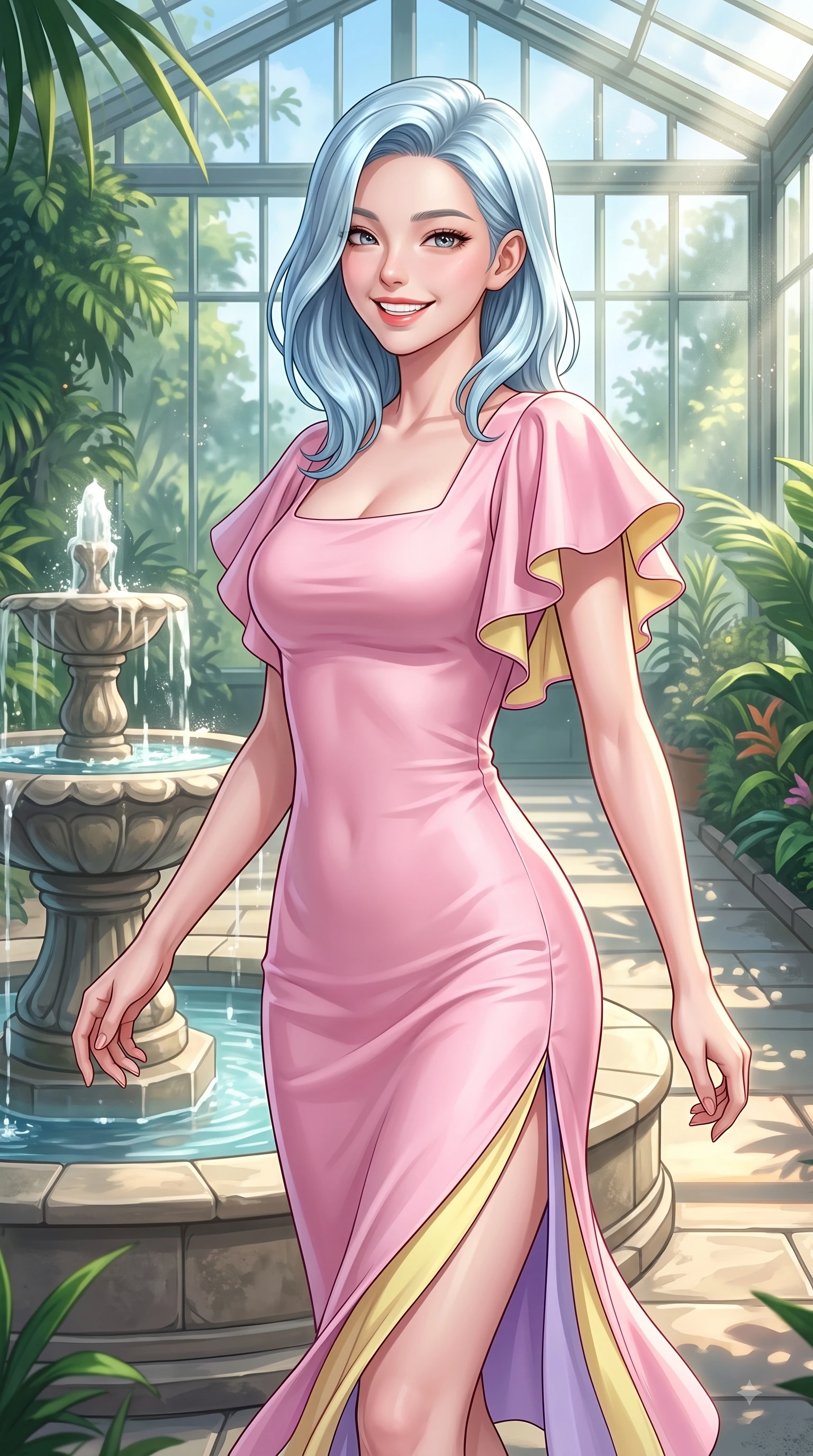 score_9, masterpiece, best quality, ultra-detailed, high-budget anime keyframe, editorial fashion photography, tasteful artistic composition, Korean woman. close-up cowboy shot from the waist and thighs up, the character dominates the composition, filling the frame with her large presence. Radiant youthful grin reflecting girlhood charm while casting a playful, joyful side-gaze with heavy lashes while pivoting gracefully near a gentle stone fountain as mist particles catch brilliant morning sunbeams. The surrounding environment is rendered in vivid detail and crisp panoramic clarity. rich emerald plant textures and sunlit conservatory walkways showcased with environmental sharpness. She has an exceptionally elegant, slender, and willowy female figure with an ultra-slim waist, a gracefully sculpted slender torso, and a refined silhouette. sharp v-shaped jawline, high-bridge nose, intricate jewel-like eyes with depth, thick eyelashes, glossy lips with a natural sheen, flawlessly proportioned anatomical accuracy, natural body alignment, perfectly sculpted elegant limbs, clean dynamic posture without body distortion. wearing a form-flattering pastel pink sleeveless knit midi dress with a tasteful side slit in soft lemon yellow and lavender violet, crafted from smooth fluid silk satin, featuring elegant flutter sleeves and a graceful square neckline, the tailored casual silhouette highlighting her fresh and youthful presence. bathed in bright golden sunlight filtering through conservatory glass panes. highly saturated vibrant anime colors, detailed shading with soft gradients, rich glossy textures, high-contrast stereoscopic depth, volumetric dynamic lighting, master piece, 9:16 ratio