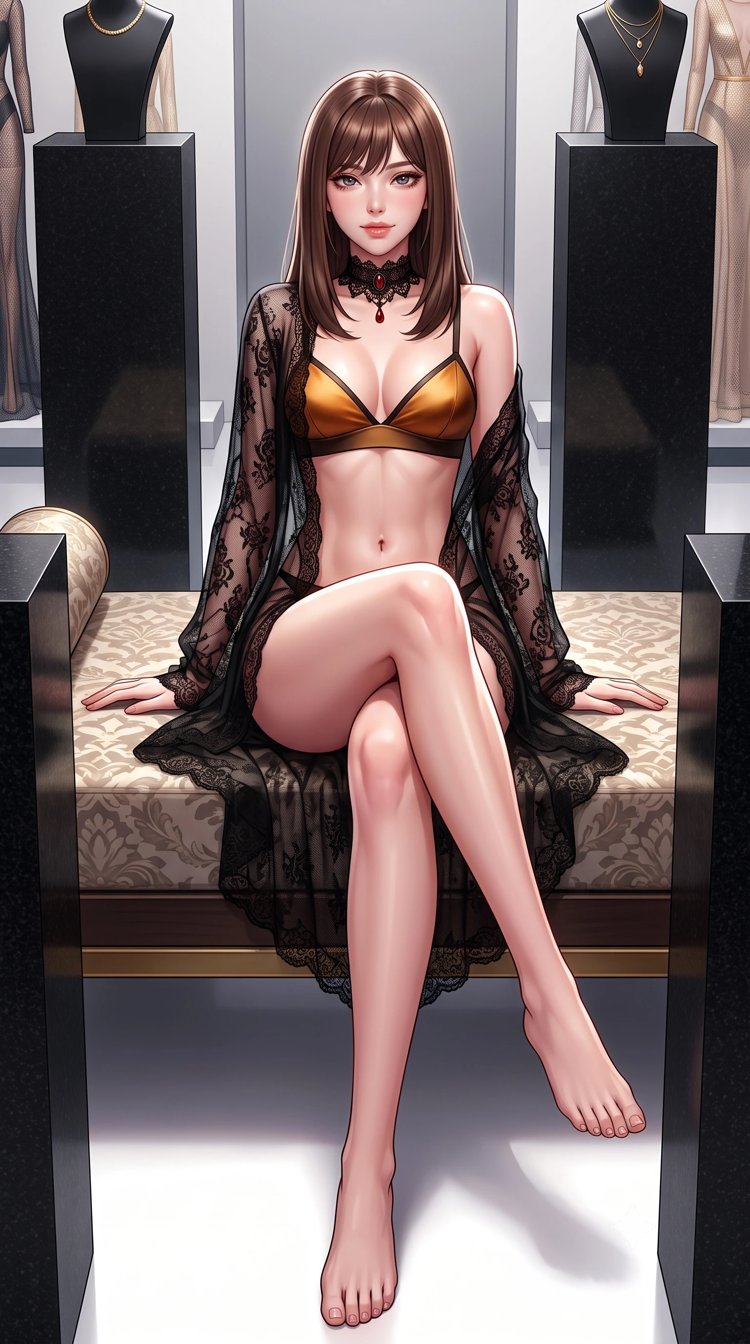 score_9, masterpiece, best quality, ultra-detailed, high-budget anime keyframe, semi-realistic 3D game render, editorial fashion photography, tasteful artistic composition, Korean woman. low angle full-body shot from head to toe showing her feet, filling the entire 9:16 vertical frame with her statuesque presence, stretching her vertical silhouette. lounging on the lavish daybed with legs crossed and hips angled toward the camera, displaying her toned midriff and long slender limbs with effortless siren poise while standing tall between towering black granite pedestals, arching her back with sovereign minimalist fashion authority. The surrounding environment is rendered in vivid detail and crisp panoramic clarity: detailed sheer illusion mesh gown inserts, gold jewelry glints, and contemporary exhibition space design in razor-sharp precision. She has an absolutely perfect, statuesque 8.5-heads proportion, an exceptionally tall and slender model-like female figure with impossibly long slender legs, an ultra-slim waist, a flat toned midriff, narrow delicate ribcage, and beautifully sculpted feminine hips creating a graceful, slim hourglass silhouette without any bulky heaviness. sharp v-shaped jawline, high-bridge nose, sparkling eyes with hypnotic seductive depth, thick curled eyelashes, glossy parted lips with a natural dewy peach sheen, alluring bedroom-eyes with an enchanting coquettish smile, exuding magnetic siren charisma and sophisticated glamour, flawlessly proportioned anatomical accuracy, strict slender model proportions, natural body alignment, perfectly sculpted long slender limbs, ultra-slim waistline, clean dynamic posture without body distortion. wearing a delicate semi-sheer black Chantilly lace boudoir robe worn loose and slipping off bare shoulders over a matching satin bralette in warm amber honey and antique gold leaf with dark shadow gradients, tailored from fine structural neoprene with crisp architectural edges and smooth contouring, accented with an ornate black lace Victorian choker featuring a single blood-red teardrop garnet, the precision-cut side openings and low-back scoop framing her graceful spine and the sensual sweep of her slim, toned hips. illuminated by floor bounce fill and sharp high-contrast white rim lights sculpting her jawline, flat midriff, and voluptuous hip curves. highly saturated vibrant anime colors, detailed shading with soft gradients, rich glossy textures, high-contrast stereoscopic depth, volumetric dynamic lighting, master piece, 9:16 ratio