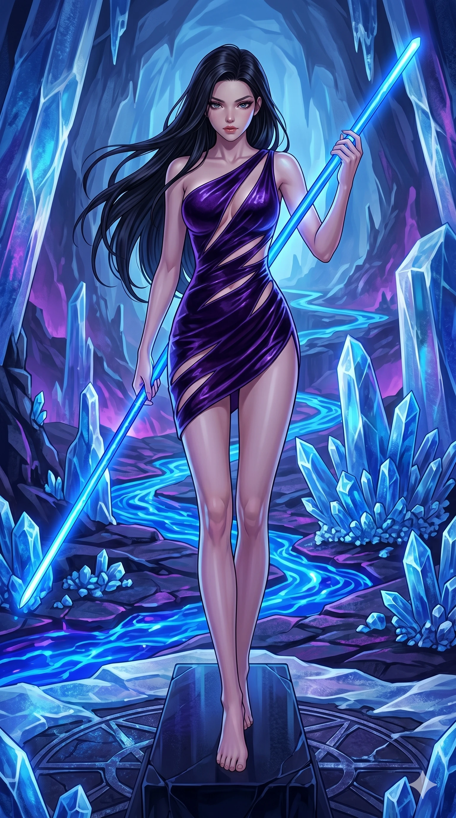 score_9, masterpiece, best quality, ultra-detailed, high-budget anime keyframe, Caucasian woman, strictly human ears. low angle full-body shot filling the entire 9:16 frame with her statuesque presence, stretching the vertical silhouette. forging in a prismatic ice-volcano temple where glowing cobalt-blue liquid magma flows between frozen blue ash crystals. She has an absolutely perfect 8-heads proportion, an exceptionally tall and slender female figure with impossibly long slender legs and an ultra-slim waist. V-shaped jawline, high-bridge nose, intricate jewel-like eyes with depth, thick eyelashes, glossy lips with a natural sheen.. wearing an asymmetric liquid velvet slip dress, featuring a wet-look deep purple velvet one-shoulder mini slip with slanted slashed cutouts. accented by dynamic color-blocked lighting with high-contrast shadows emphasizing her statuesque height. 2k, ultra detail, master piece, 9:16 ratio