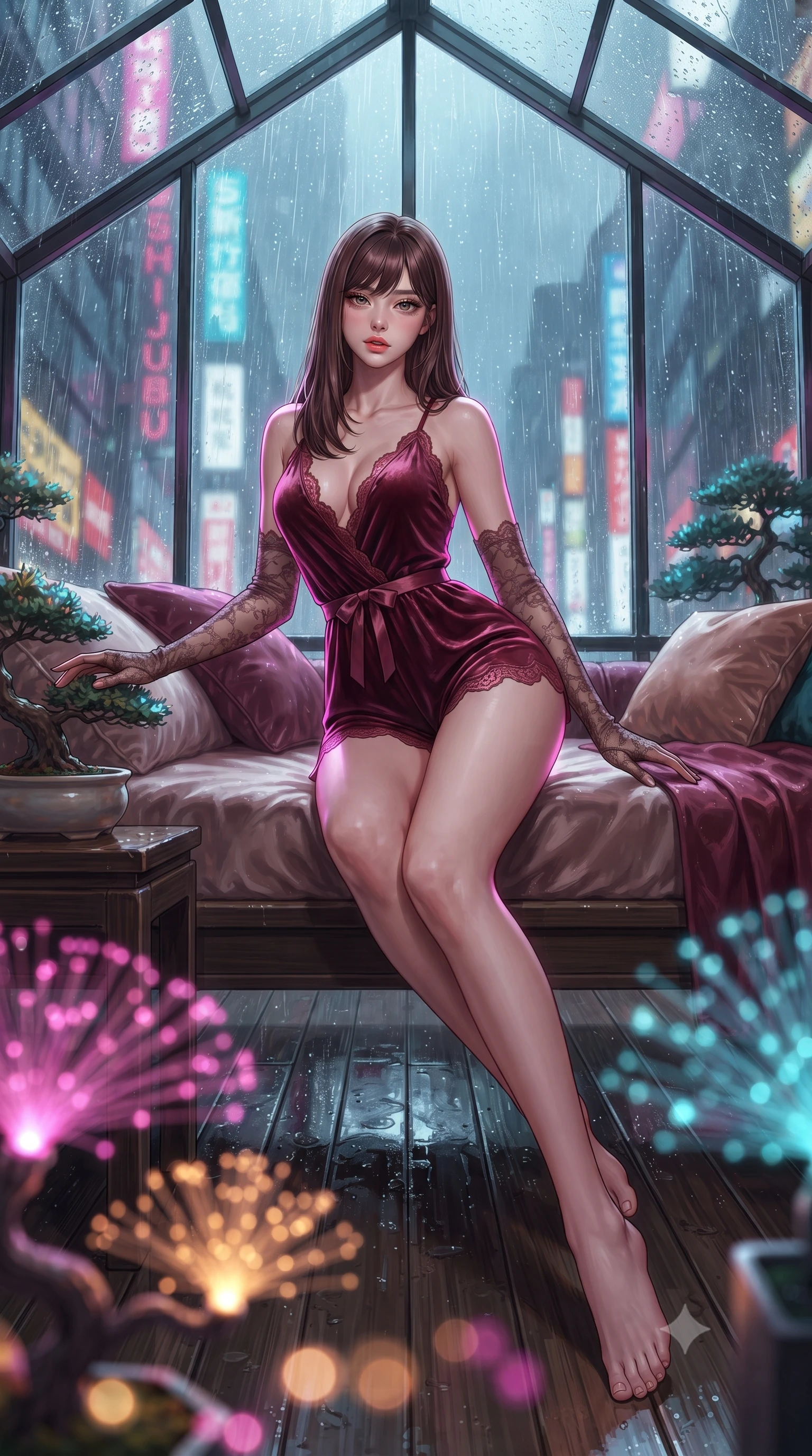 score_9, masterpiece, best quality, ultra-detailed, high-budget anime keyframe, editorial fashion photography, tasteful artistic composition, Korean woman. low angle full-body shot from head to toe showing her feet, filling the entire 9:16 vertical frame with her statuesque presence, stretching her vertical silhouette. lounging on the lavish daybed with legs crossed and hips angled toward the camera, displaying her toned midriff and long slender limbs with effortless siren poise while sitting perched on the rustic wooden potting shelf with legs crossed, resting one hand on the bonsai pot with seductive bedroom-eyes. The background shows a soft-focus heavy cascading rain on pitched greenhouse glass, towering Shinjuku neon signs, and glowing fiber-optic bonsai needles blurred into magenta, amber, and cyan bokeh. She has an absolutely perfect, statuesque 8.5-heads proportion, an exceptionally tall and slender model-like female figure with impossibly long slender legs, an ultra-slim waist, a flat toned midriff, narrow delicate ribcage, and beautifully sculpted feminine hips creating a graceful, slim hourglass silhouette without any bulky heaviness. sharp v-shaped jawline, high-bridge nose, sparkling eyes with hypnotic seductive depth, thick curled eyelashes, glossy parted lips with a natural dewy peach sheen, alluring bedroom-eyes with an enchanting coquettish smile, exuding magnetic siren charisma and sophisticated glamour, flawlessly proportioned anatomical accuracy, strict slender model proportions, natural body alignment, perfectly sculpted long slender limbs, ultra-slim waistline, clean dynamic posture without body distortion. wearing a plunge-neck stretch velvet romper with scalloped eyelash-lace hems and a cinched waist ribbon in smoldering crimson wine and deep rose-gold, tailored from ultra-plush velvet with rich tactile depth and deep shadow gradients, complemented by sheer opera-length lace evening gloves tracing her slender arms, the second-skin tailored fabric adhering flawlessly to her sculpted flat midriff and slender torso, emphasizing her long leg lines and perfectly proportioned willowy build. illuminated by wet wooden bench reflections and sharp electric-magenta rim lights sculpting her jawline, flat midriff, and curvy hips. ultra-reflective glossy finish, specular highlights, rich textural contrasts, high-contrast stereoscopic depth, volumetric dynamic lighting, 2k, ultra detail, master piece, 9:16 ratio