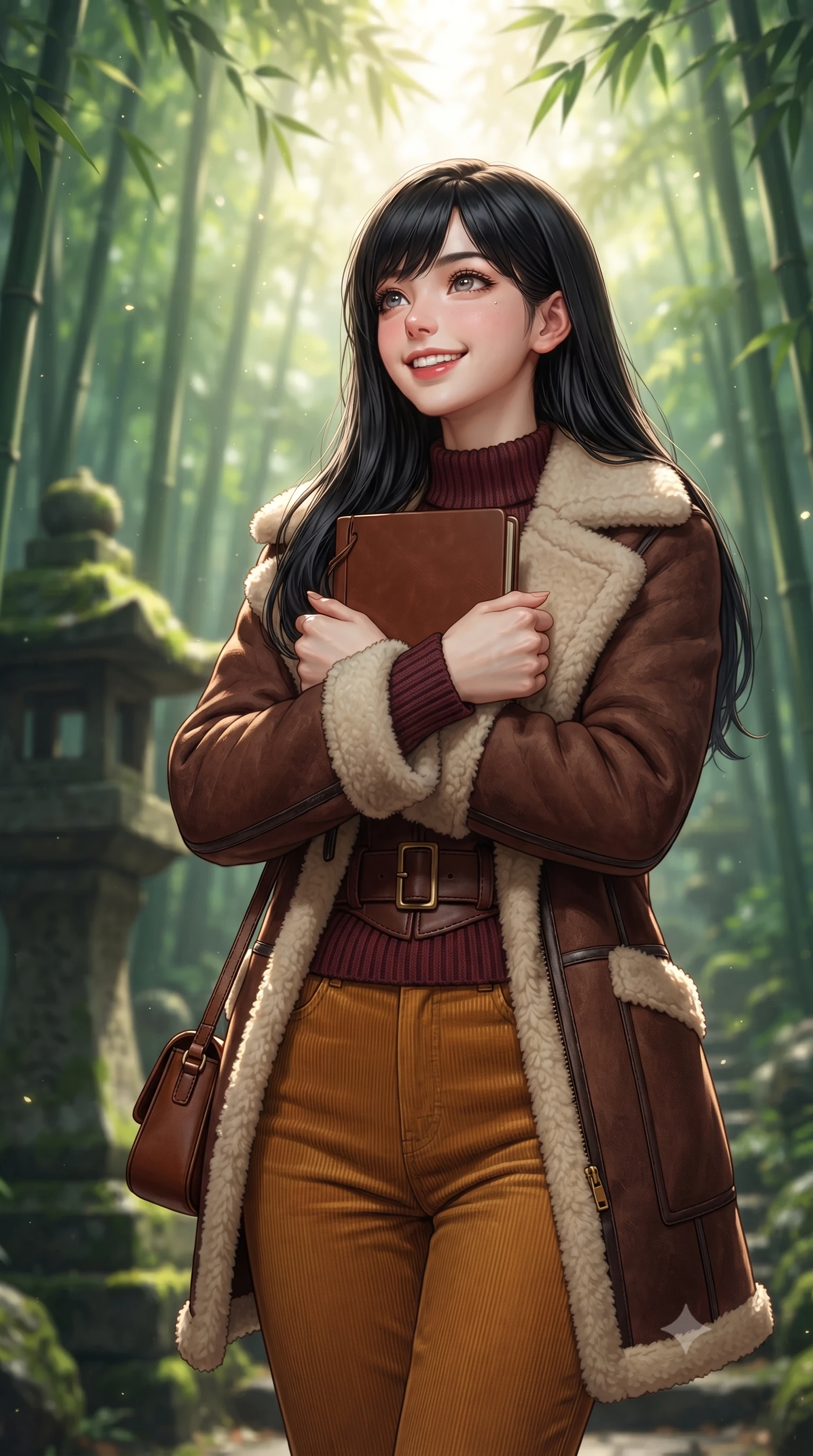 score_9, masterpiece, best quality, ultra-detailed, high-budget anime keyframe, editorial fashion photography, tasteful artistic composition, Caucasian woman. close-up cowboy shot from the waist and thighs up, the character dominates the composition, filling the frame with her large presence. holding a leather notebook close to her chest with both arms, smiling delightfully with youthful scholarly grace while walking slowly beneath the towering bamboo canopy, listening to the gentle rustling leaves with peaceful aristocratic grace. The background shows a soft-focus ancient mossy stone lanterns softened in mystical Japanese natural sanctuary shallow focus. She has an exceptionally elegant, slender, and willowy female figure with an ultra-slim waist, flat toned midriff, narrow ribcage, and sculpted feminine hips creating an alluring, slim hourglass silhouette without bulk. sharp v-shaped jawline, high-bridge nose, intricate jewel-like sparkling eyes with depth, thick eyelashes, glossy parted lips with a natural peach sheen, bright cheerful beaming smile with an enchanting and coquettish sensual glint, exuding both youthful cute charm and seductive allure, flawlessly proportioned anatomical accuracy, strict slender model proportions, natural body alignment, perfectly sculpted long slender limbs, ultra-slim waistline, clean dynamic posture without body distortion. wearing a plush shearling-trimmed suede aviator coat layered over a cozy ribbed merino knit sweater and tailored corduroy pants in rich Oxford burgundy and golden amber, crafted from fluid mulberry silk twill with an understated lustrous pearl finish, finished with a structured leather top-handle mini bag resting gracefully at her side, the structured cinched belt emphasizing her narrow waistline and gracefully balanced proportions with timeless haute-couture polish. bathed in ethereal shafts of morning sunlight (komorebi) piercing through dense emerald bamboo canopies. ultra-reflective glossy finish, specular highlights, rich textural contrasts, high-contrast stereoscopic depth, volumetric dynamic lighting, 2k, ultra detail, master piece, 9:16 ratio