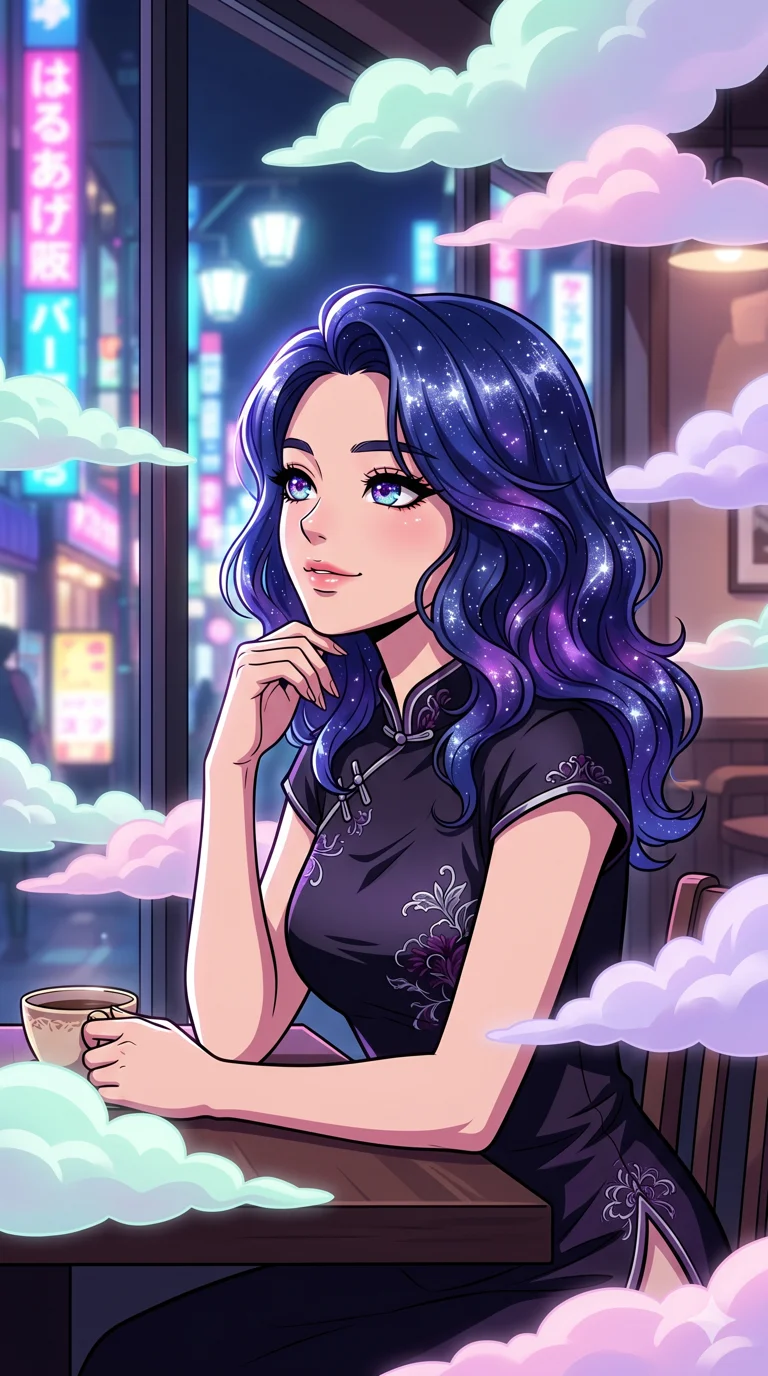 score_9, masterpiece, best quality, ultra-detailed, high-budget anime keyframe, vibrant colors and expressive line art, an incredibly beautiful Korean woman. Medium shot of upper body focusing on her alluring and cute features and her galaxy-themed hair featuring deep midnight blue with sparkling silver and purple stardust highlights, filling the vertical 9:16 frame. She is daydreaming in a cafe filled with floating pastel clouds. She has a sharp v-shaped jawline, high-bridge nose, intricate jewel-like eyes, thick eyelashes, and glossy lips. She possesses an absolutely perfect 8-heads proportion and a slim-fit silhouette. She is wearing a silk qipao-inspired modern top with a dangerously high side slit, highlighting her alluring silhouette. a neon-lit Harajuku street at night with vibrant bokeh lights, dramatic rim lighting, cinematic shadows, 2k, ultra detail, master piece, 9:16 ratio