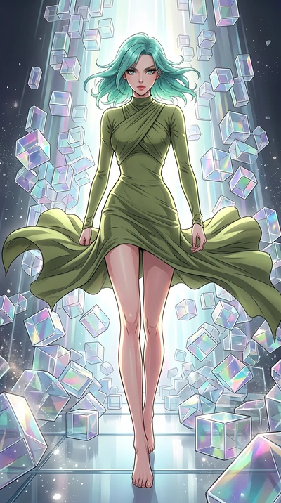 score_9, masterpiece, best quality, ultra-detailed, high-budget anime keyframe, clean line-art, cel-shading, Japanese woman. low angle full-body shot from head to toe showing her feet, filling the entire 9:16 vertical frame with her statuesque presen