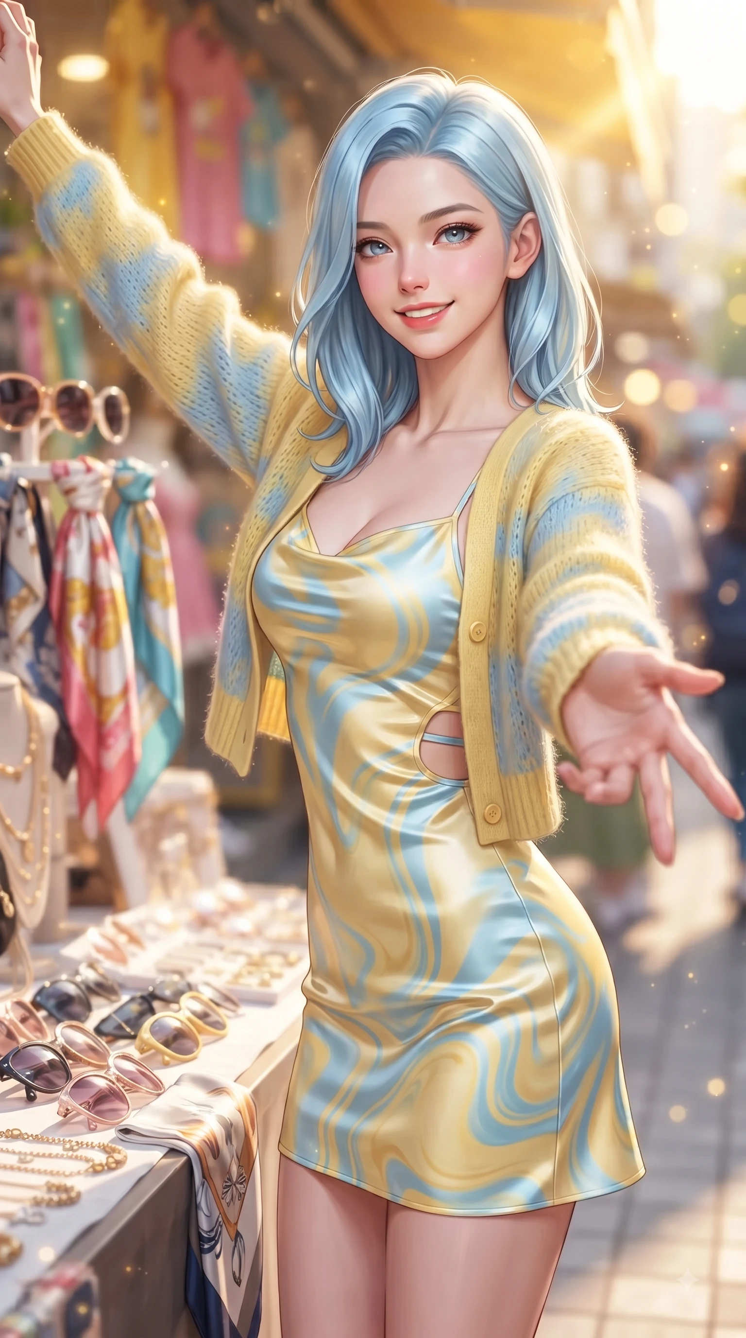 score_9, masterpiece, best quality, ultra-detailed, high-budget anime keyframe, editorial fashion photography, tasteful artistic composition, Korean woman. close-up cowboy shot from the waist and thighs up, the character dominates the composition, filling the frame with her large presence. Extending one arm in an elegant stretch toward the light while smiling with vibrant, youthful self-assurance while reaching out playfully toward the camera while browsing an outdoor fashion accessory display. The composition keeps background elements in soft focus with dreamy bokeh. vibrant shop displays and golden afternoon light scattering into a soft-focus backdrop. She has an exceptionally elegant, slender, and willowy female figure with an ultra-slim waist, a gracefully sculpted slender torso, and a refined silhouette. sharp v-shaped jawline, high-bridge nose, intricate jewel-like eyes with depth, thick eyelashes, glossy lips with a natural sheen, flawlessly proportioned anatomical accuracy, natural body alignment, perfectly sculpted elegant limbs, clean dynamic posture without body distortion. wearing a glossy satin slip dress layered under a soft cashmere cardigan in sunny canary yellow and clear sky blue, knitted from soft cozy cashmere yarn, complemented by clean architectural cutouts along her slender torso, the form-contouring material highlighting her ultra-slim waist and long lines. surrounded by a lively, stylish, and fresh city atmosphere. ultra-reflective glossy finish, specular highlights, metallic sheen, high-contrast stereoscopic depth, volumetric dynamic lighting, 2k, ultra detail, master piece, 9:16 ratio
