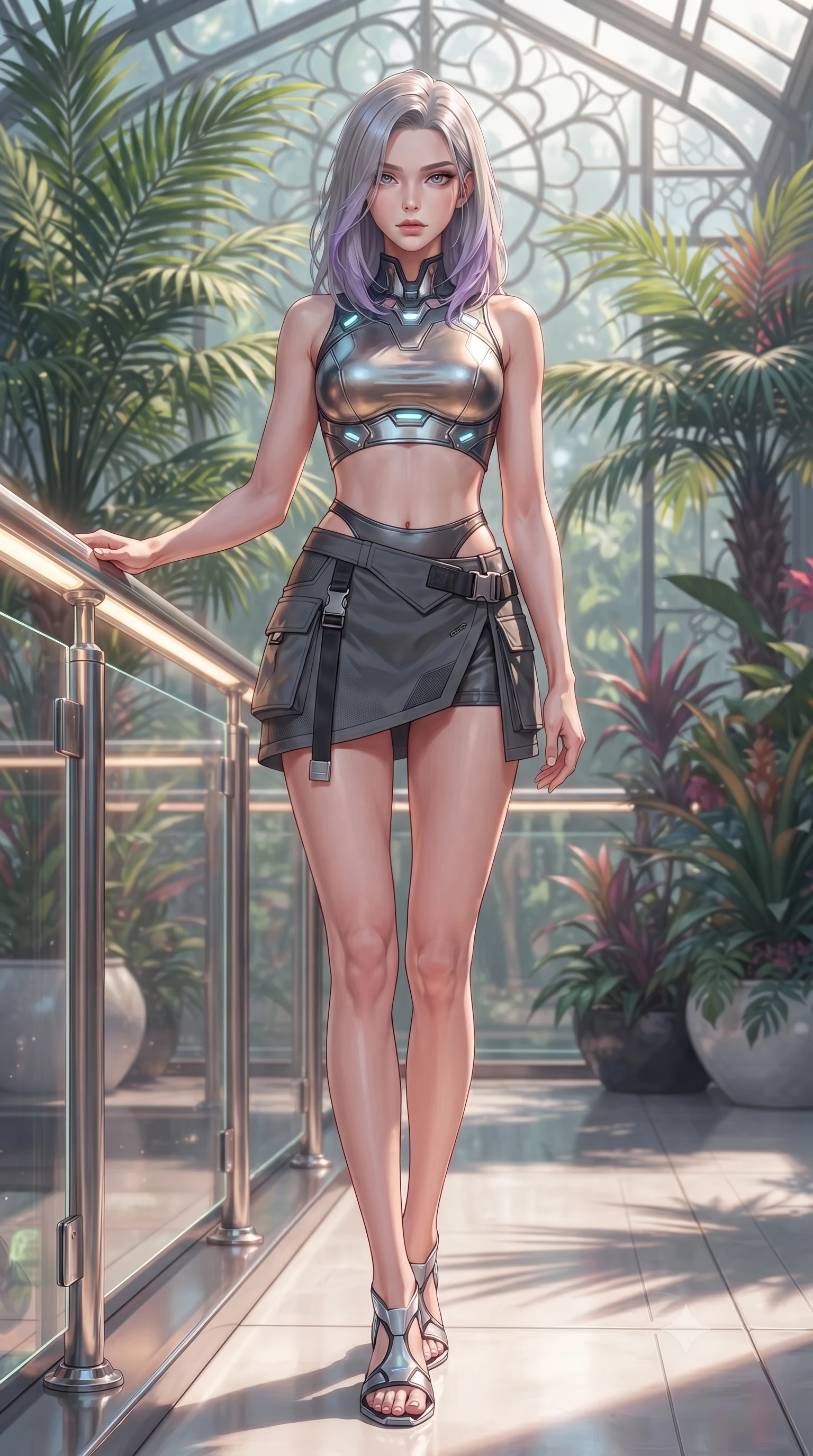 score_9, masterpiece, best quality, ultra-detailed, high-budget anime keyframe, editorial fashion photography, tasteful artistic composition, Caucasian woman. low angle full-body shot from head to toe showing her feet, filling the entire 9:16 vertical frame with her statuesque presence, stretching her vertical silhouette. standing in a tall, confident posture with one hand on a glowing metal railing, stretching her statuesque body, the background shows a soft-focus a greenhouse hangar balcony decorated with potted palms and glass railings. She has an absolutely perfect, statuesque 8.5-heads proportion, an exceptionally tall and slender model-like female figure with impossibly long slender legs and an ultra-slim waist. sharp v-shaped jawline, high-bridge nose, intricate jewel-like eyes with depth, thick eyelashes, glossy lips with a natural sheen. wearing a body-hugging modern carbon-alloy crop top paired with a low-rise tactical skirt and a subtle waist cut-out. bright morning sun rays creating fresh and energetic shadows. ultra-reflective glossy finish, specular highlights, metallic sheen, high-contrast stereoscopic depth, volumetric dynamic lighting, 2k, ultra detail, master piece, 9:16 ratio