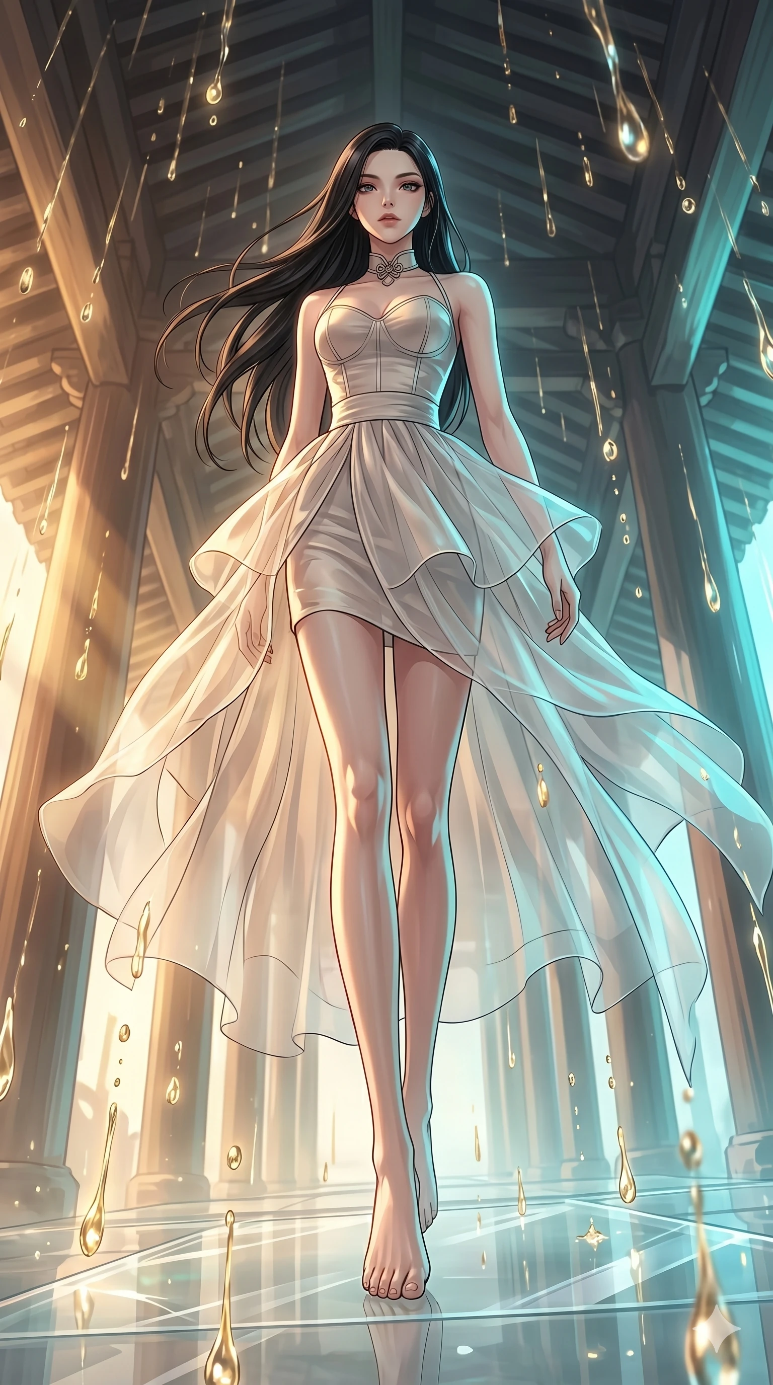 score_9, masterpiece, best quality, ultra-detailed, high-budget anime keyframe, Japanese woman. low angle full-body shot filling the entire 9:16 frame with her statuesque presence, stretching the vertical silhouette. dodging ethereal liquid gold rain that rises upward from the ground in warm shimmering droplets under an inverted gravity field. She has an absolutely perfect 8-heads proportion, an exceptionally tall and slender female figure with impossibly long slender legs and an ultra-slim waist. V-shaped jawline, high-bridge nose, intricate jewel-like eyes with depth, thick eyelashes, glossy lips with a natural sheen.. wearing a modern fusion silk hanbok dress, featuring a silk bustier top, layered sheer organza skirts, and a traditional knot choker. showcasing a beautiful play of light and shadow, with warm golden rays clashing against cool cyan highlights. 2k, ultra detail, master piece, 9:16 ratio