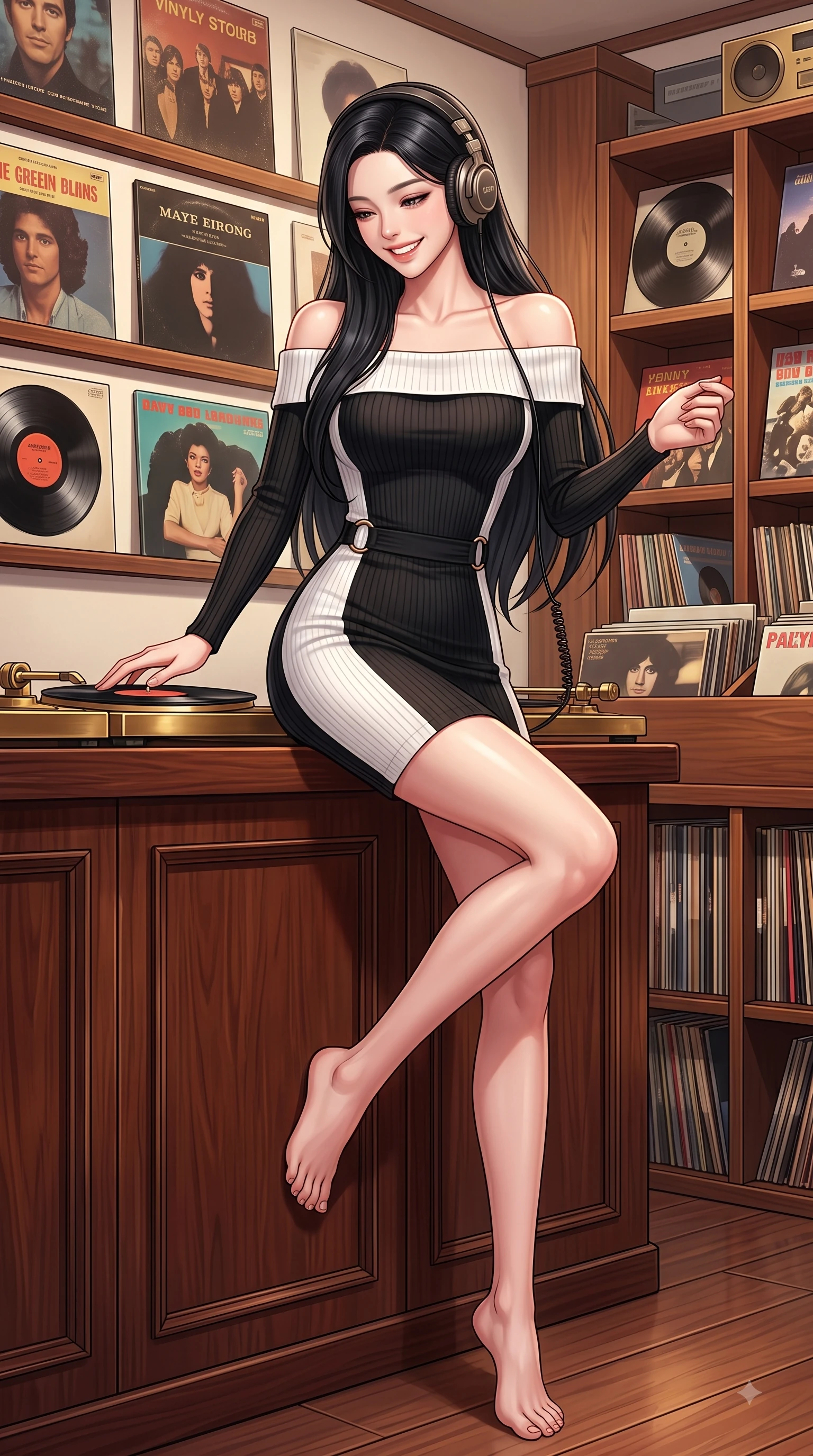score_9, masterpiece, best quality, ultra-detailed, high-budget anime keyframe, editorial fashion photography, tasteful artistic composition, Korean woman. low angle full-body shot from head to toe showing her feet, filling the entire 9:16 vertical frame with her statuesque presence, stretching her vertical silhouette. performing a cheerful mid-motion turn with flawless poise, her radiant smile capturing fresh girlhood energy while sitting at a wooden counter wearing vintage headphones with a joyful, relaxed smile. The surrounding environment is rendered in vivid detail and crisp panoramic clarity. vintage vinyl album covers, wooden shelving, and brass turntable details in crisp clarity. She has an absolutely perfect, statuesque 8.5-heads proportion, an exceptionally tall and slender model-like female figure with impossibly long slender legs and an ultra-slim waist. sharp v-shaped jawline, high-bridge nose, intricate jewel-like eyes with depth, thick eyelashes, glossy lips with a natural sheen, flawlessly proportioned anatomical accuracy, natural body alignment, perfectly sculpted elegant limbs, clean dynamic posture without body distortion. wearing a sleek off-shoulder ribbed knit dress accentuating her graceful collarbones and slender waist in sleek jet black and pure white contrast, crafted from lightweight fluid chiffon, accented with subtle metallic ring hardware framing her waist, the glove-like fit emphasizing her statuesque silhouette during motion. surrounded by a nostalgic, warm, and intimate retro music atmosphere. highly saturated vibrant anime colors, detailed shading with soft gradients, rich glossy textures, high-contrast stereoscopic depth, volumetric dynamic lighting, master piece, 9:16 ratio