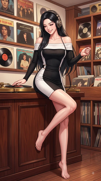 score_9, masterpiece, best quality, ultra-detailed, high-budget anime keyframe, editorial fashion photography, tasteful artistic composition, Korean woman. low angle full-body shot from head to toe showing her feet, filling the entire 9:16 vertical f