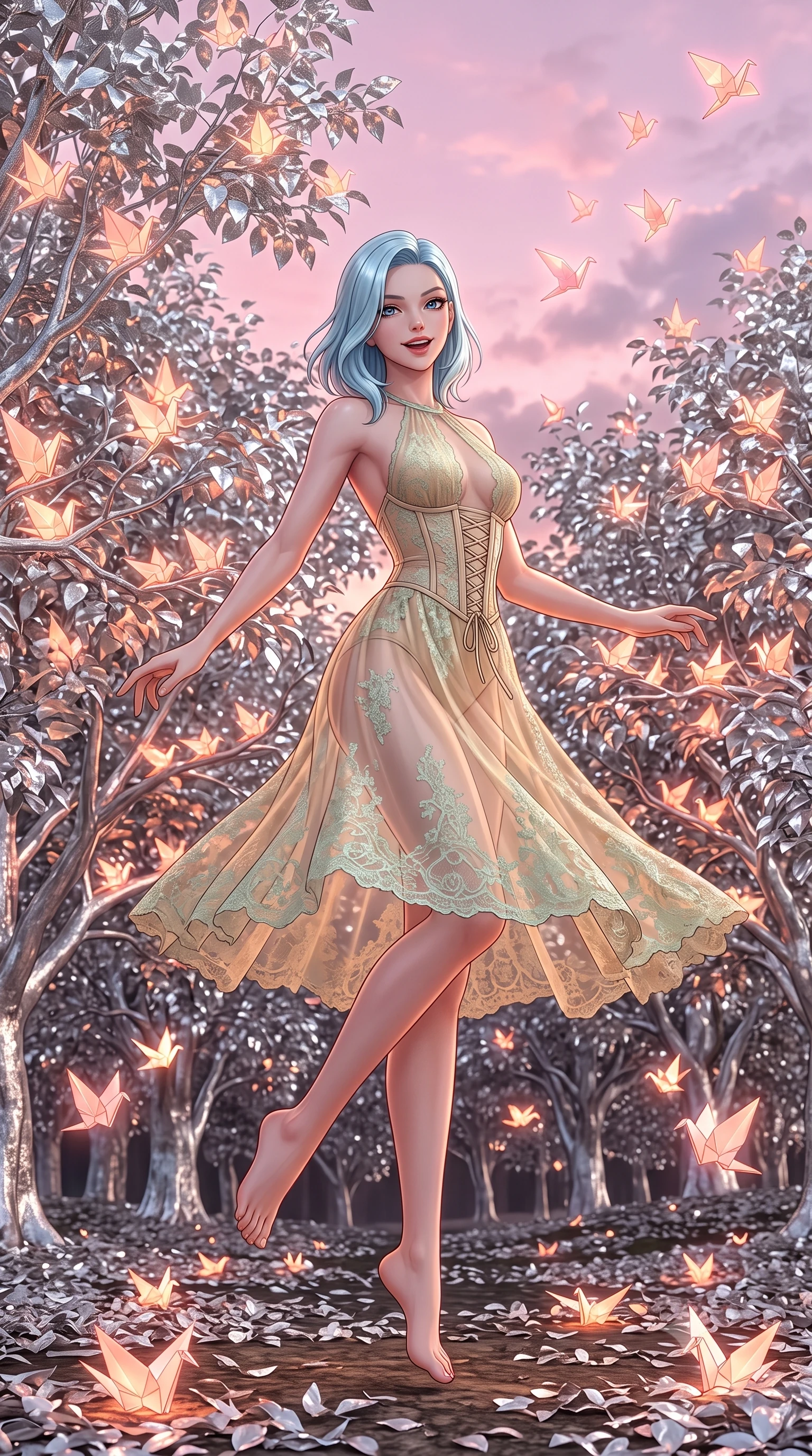 score_9, masterpiece, best quality, ultra-detailed, high-budget anime keyframe, editorial fashion photography, tasteful artistic composition, Korean woman. low angle full-body shot from head to toe showing her feet, filling the entire 9:16 vertical frame with her statuesque presence, stretching her vertical silhouette. pirouetting mid-air with a playful grin inside in a forest clearing filled with silver-leaf trees where thousands of glowing paper birds nest and take flight into a pink evening sky. She has a statuesque 8.5-heads proportion, an exceptionally tall, slender and willowy model-like build with impossibly long legs and a highly sculpted ultra-slim waist. sharp v-shaped jawline, high-bridge nose, intricate jewel-like eyes with depth, thick eyelashes, glossy lips with a natural sheen. wearing a semi-transparent halter dress in champagne gold, featuring a mint green lace overlay and a visible structured corset. warm orange and pink glow from the paper birds illuminating the silver leaves and casting a warm cozy light. 2k, ultra detail, master piece, 9:16 ratio