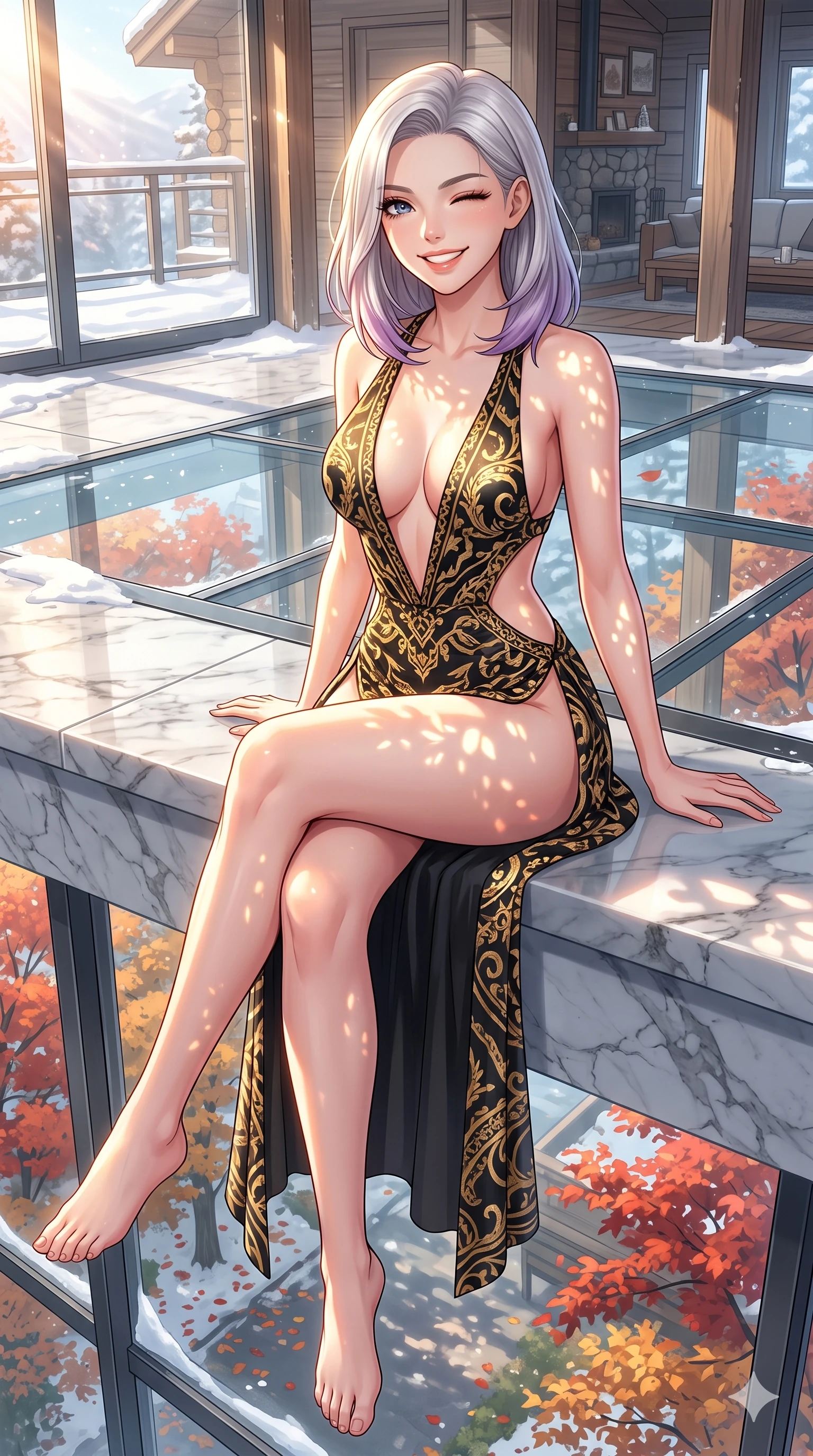 score_9, masterpiece, best quality, ultra-detailed, high-budget anime keyframe, vibrant anime aesthetic, Caucasian woman, strictly human ears. cowboy shot from the thighs up, character and outfit filling the frame for maximum presence. She is sitting on a marble ledge, winking and smiling cheerfully at the viewer in winter on a floating observation deck over an autumn park (Code-P21-080). She has an absolutely perfect 8-heads proportion, an exceptionally tall and slender female figure with impossibly long slender legs and an ultra-slim waist. V-shaped jawline, high-bridge nose, intricate jewel-like eyes with depth, thick eyelashes, glossy lips with a natural sheen. wearing a high-slit resort dress with plunging neckline and side cut-outs in winter chalet. She is drenched in brilliant morning winter sunshine, casting long warm highlights and leaf patterns. 2k, ultra detail, master piece, 9:16 ratio