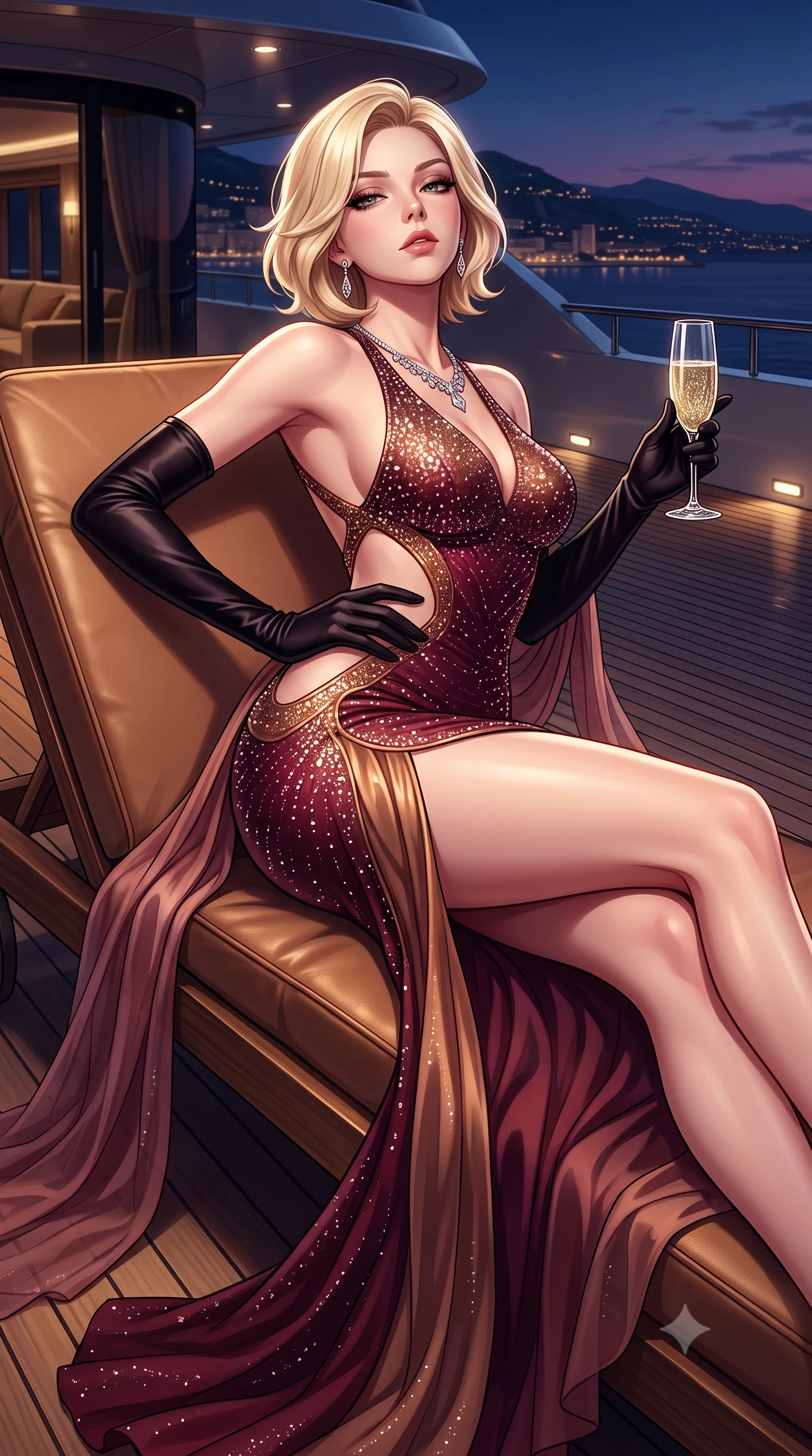 score_9, masterpiece, best quality, ultra-detailed, high-budget anime keyframe, semi-realistic 3D game render, editorial fashion photography, tasteful artistic composition, Caucasian woman. close-up cowboy shot from the waist and thighs up, the character dominates the composition, filling the frame with her large presence. tilting her chin up with proud, sovereign allure while gazing through thick eyelashes, one hand resting on her waist in pure supermodel charisma while lounging languidly across an outdoor leather yacht lounger, one leg extended and torso propped on one elbow to accentuate her sweeping hip line. The surrounding environment is rendered in vivid detail and crisp panoramic clarity. rich high-contrast French Riviera chiaroscuro and ultra-luxury jet-set elegance rendered with precision. She has an exceptionally elegant, slender, and willowy female figure with an ultra-slim waist, a gracefully sculpted slender torso, toned flat midriff, and rounded feminine hips creating an alluring hourglass silhouette. sharp v-shaped jawline, high-bridge nose, intricate jewel-like eyes with depth, thick eyelashes, glossy parted lips with a natural sheen, intensely captivating and seductive bedroom-eyes expression, flawlessly proportioned anatomical accuracy, strict slender model proportions, natural body alignment, perfectly sculpted long slender limbs, ultra-slim waistline, clean dynamic posture without body distortion. wearing a form-contouring crystal-encrusted evening gown with curved architectural hip cutouts in rich wine burgundy and liquid bronze, woven from layered gossamer chiffon with a weightless sweeping drape, accessorized with opera-length black satin gloves and a vintage crystal champagne flute, the precision-cut side openings and low-back scoop framing her graceful spine and the sensual sweep of her hips. illuminated by crisp directional spotlights sharply defining her narrow waistline, sculpted spine, and curvy hips. highly saturated vibrant anime colors, detailed shading with soft gradients, rich glossy textures, high-contrast stereoscopic depth, volumetric dynamic lighting, master piece, 9:16 ratio