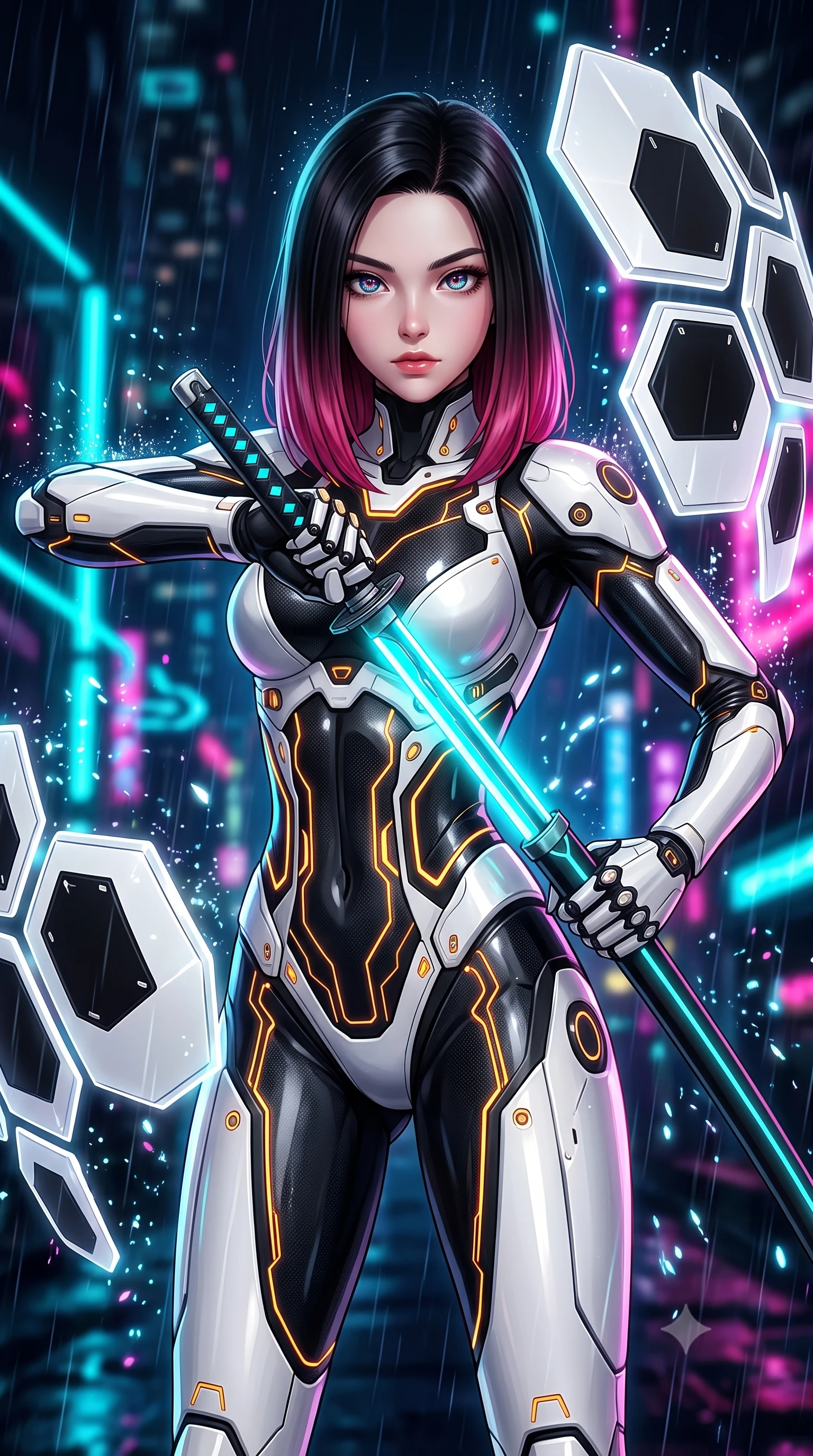 score_9, masterpiece, best quality, ultra-detailed, high-budget anime keyframe, semi-realistic 3D game render, editorial fashion photography, tasteful artistic composition, Korean woman. close-up cowboy shot from the waist and thighs up, the character dominates the composition, filling the frame with her large presence. gazing forward with divine sovereign poise, captivating jewel-like eyes shining with transcendent focus while holding her weapon with effortless mastery while sheathing her sleek plasma katana with effortless supermodel poise while casting a sovereign, captivating direct gaze into the lens. The composition keeps background elements in soft focus with creamy bokeh. sparkling plasma energy motes and splashing rain droplets scattering radiant light across a dark backdrop. She has an exceptionally elegant, slender, and willowy female figure with an ultra-slim waist, a gracefully sculpted slender torso, toned flat midriff, and a refined slim silhouette. sharp v-shaped jawline, high-bridge nose, intricate jewel-like eyes with depth, thick eyelashes, glossy lips with a natural sheen, flawlessly proportioned anatomical accuracy, strict slender model proportions, natural body alignment, perfectly sculpted long slender limbs, ultra-slim waistline, clean dynamic posture without body distortion. wearing a high-contrast monochrome white-and-black carbon-composite exoskeleton suit with glowing amber circuitry, deploying floating hexagonal holographic energy shields with sovereign grace in monochrome white enamel carbon with high-contrast black panels, made of lightweight aerodynamic carbon-titanium alloy with polished edge bevels, finished with high-mobility articulation joints and miniature magnetic armor locks, the glove-like aerodynamic second-skin fit tightly clinging to her ultra-slender waist and athletic curves without adding bulk, accentuating her razor-sharp statuesque lines and slim hourglass silhouette. bathed in vivid high-contrast neon cyan and magenta city backlighting with electric blade glow. rich saturated anime colors with glowing neon highlights, detailed shading with soft gradients, rich glossy textures, high-contrast stereoscopic depth, volumetric dynamic lighting, master piece, 9:16 ratio