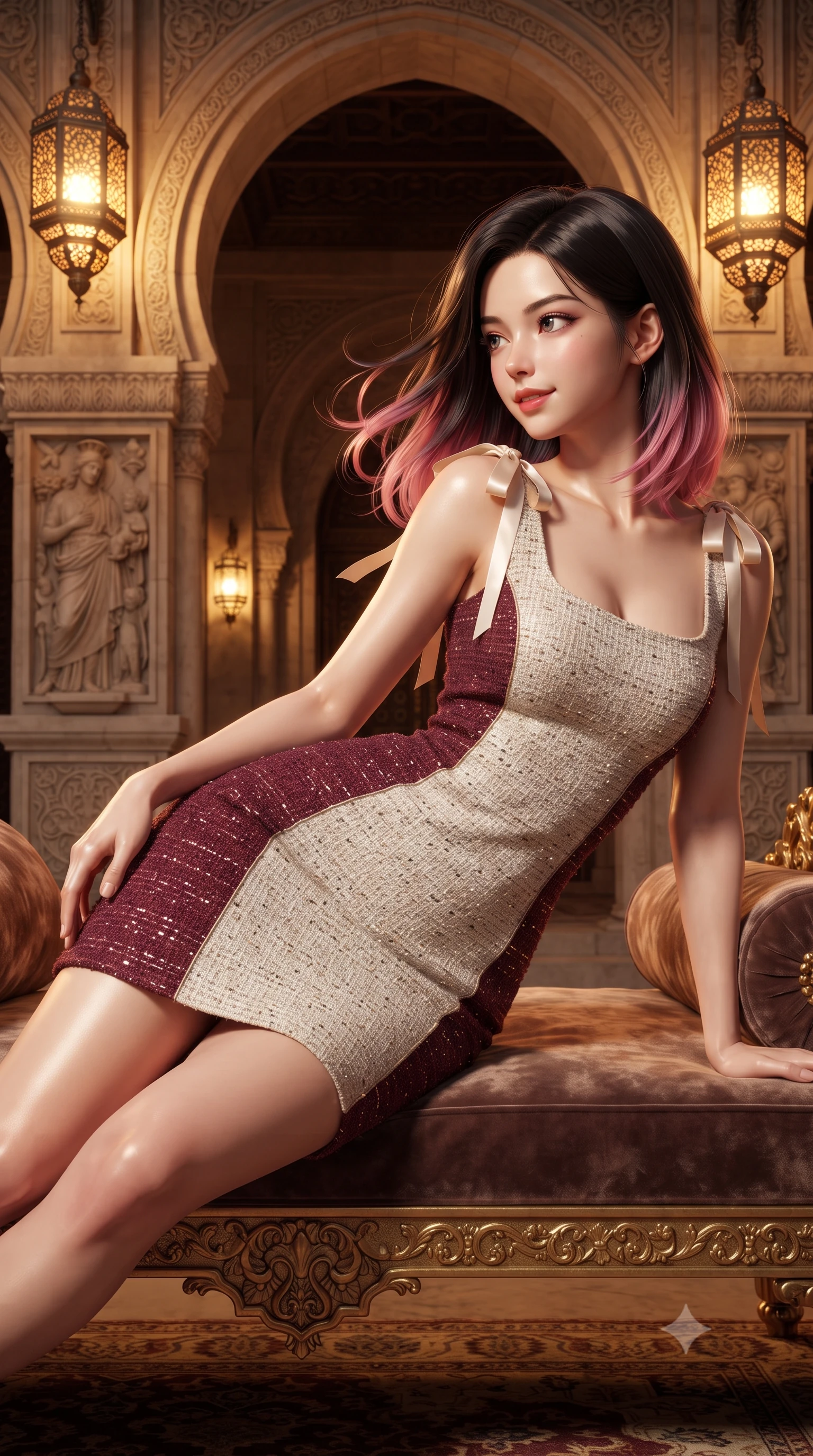 score_9, masterpiece, best quality, ultra-detailed, high-budget anime keyframe, editorial fashion photography, tasteful artistic composition, Korean woman. close-up cowboy shot from the waist and thighs up, the character dominates the composition, filling the frame with her large presence. turning slowly with an enchanting smoldering smile, her glossy hair tossing in the breeze as her hips angle gracefully in a captivating contrapposto while reclining gracefully on the low velvet divan placed beneath the arched portico propped on one elbow, displaying her long slender limbs and statuesque hourglass silhouette with regal poise. The surrounding environment is rendered in vivid detail and crisp panoramic clarity: detailed fabric texture, gold metallic accents, and UNESCO heritage architectural relief in razor-sharp precision. She has an exceptionally elegant, slender, and willowy female figure with an ultra-slim waist, flat toned midriff, narrow ribcage, and sculpted feminine hips creating an alluring, slim hourglass silhouette without bulk. sharp v-shaped jawline, high-bridge nose, intricate jewel-like sparkling eyes with depth, thick eyelashes, glossy parted lips with a natural peach sheen, bright cheerful beaming smile with an enchanting and coquettish sensual glint, exuding both youthful cute charm and seductive allure, flawlessly proportioned anatomical accuracy, strict slender model proportions, natural body alignment, perfectly sculpted long slender limbs, ultra-slim waistline, clean dynamic posture without body distortion. wearing a glove-like stretch modal tank dress adhering tightly to her flat midriff and feminine hips in Belvedere ivory pearl and Habsburg bordeaux wine, woven from structured British tweed with subtle metallic flecks, finished with satin ribbon ties at the shoulders fluttering in the gentle breeze, the bespoke structured tailoring following the natural line of her 8.5-heads silhouette with refined elegance. bathed in the warm radiant 2600K amber illumination of antique pierced brass lanterns dimmed to an intimate evening glow. ultra-reflective glossy finish, specular highlights, rich textural contrasts, high-contrast stereoscopic depth, volumetric dynamic lighting, 2k, ultra detail, master piece, 9:16 ratio