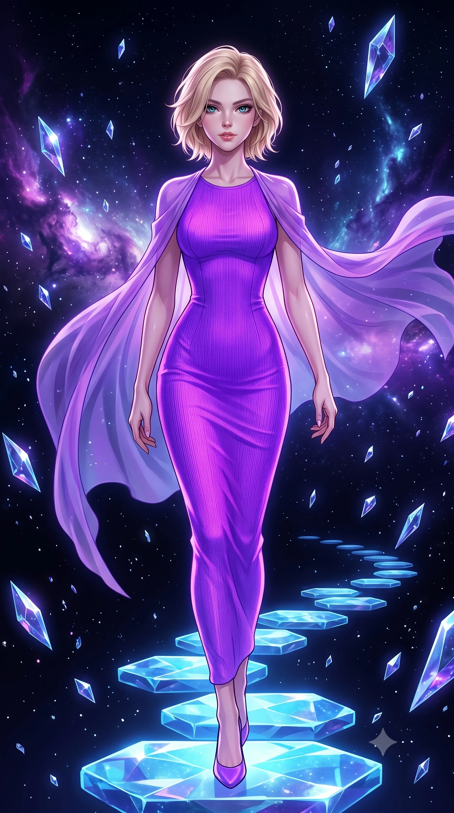 score_9, masterpiece, best quality, ultra-detailed, High-budget Anime Keyframe, Caucasian woman, strictly human ears. Dynamic full-body shot stretching the vertical silhouette to the limit. Scenario 501: stepping across glowing azure stones in a dark void filled with floating crystal shards reflecting purple nebulae. Her presence is magnetic and overpowering in this high-budget anime scene. Outfit 501: a tailored neon violet bodycon knit gown draped with a semi-transparent chiffon cape. The clothing is designed to emphasize her exceptionally tall and slender 8-heads proportion. 8-heads proportion, towering silhouette, ultra-slim waist. sharp v-shaped jawline, intricate jewel-like eyes with depth, thick eyelashes, glossy lips. 2k, ultra detail, master piece, 9:16 ratio