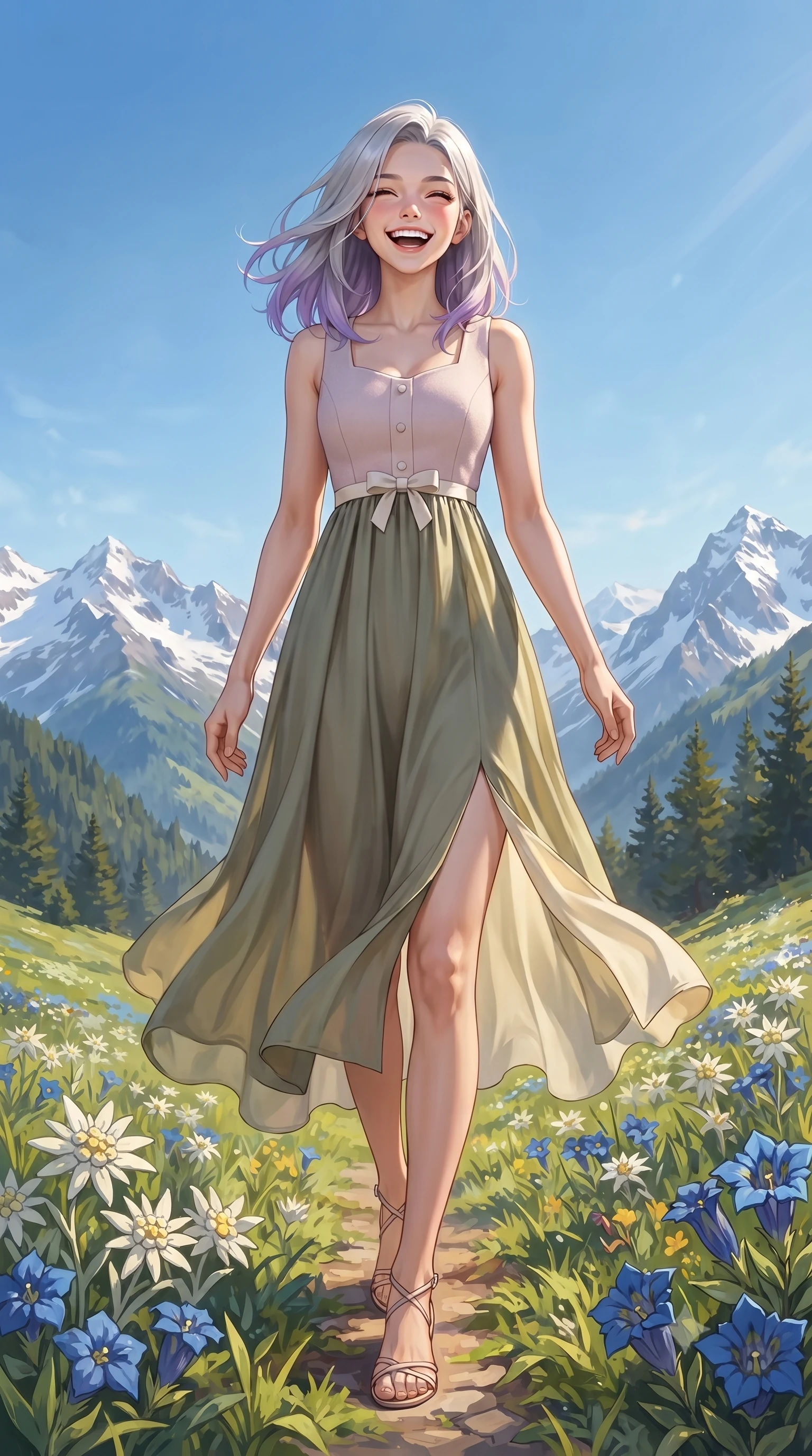 score_9, masterpiece, best quality, ultra-detailed, high-budget anime keyframe, editorial fashion photography, tasteful artistic composition, Caucasian woman. low angle full-body shot from head to toe showing her feet, filling the entire 9:16 vertical frame with her statuesque presence, stretching her vertical silhouette. walking forward in a cheerful, dynamic stride with a radiant beaming smile, her statuesque silhouette filling the frame while turning with a joyful laugh as the crisp alpine mountain breeze gently lifts her soft hair against the clear blue sky. The surrounding environment is rendered in vivid detail and crisp panoramic clarity. sharp snowcapped Alpine ridge lines, vibrant edelweiss and blue gentian petals, and green pine slopes in crisp panoramic clarity. She has an absolutely perfect, statuesque 8.5-heads proportion, an exceptionally tall and slender model-like female figure with impossibly long slender legs, a toned flat midriff, and an ultra-slim waist. sharp v-shaped jawline, high-bridge nose, intricate jewel-like eyes with depth, thick eyelashes, glossy lips with a natural sheen, pure and lovely fresh girlhood expression, flawlessly proportioned anatomical accuracy, strict slender model proportions, natural body alignment, perfectly sculpted long slender limbs, ultra-slim waistline, clean dynamic posture without body distortion. wearing a flowy silk-chiffon maxi dress with a gentle side slit and fluttering hemline in muted olive green and ivory cotton, tailored from soft pastel lightweight wool blend with subtle texture, accented with a dainty ribbon bow at the waistline, the tailored casual silhouette highlighting her fresh and youthful presence and perfectly proportioned slender frame. illuminated by warm golden sunbeams streaming across lush green mountain slopes. ultra-reflective glossy finish, specular highlights, rich natural textures, high-contrast stereoscopic depth, volumetric dynamic lighting, 2k, ultra detail, master piece, 9:16 ratio