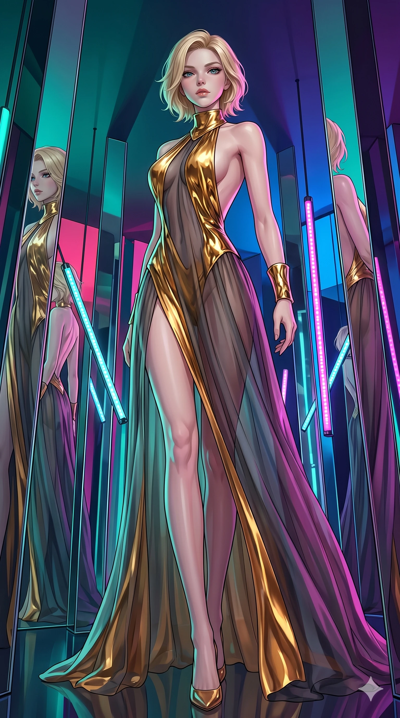 score_9, masterpiece, best quality, ultra-detailed, high-budget anime keyframe, Caucasian woman, strictly human ears. low angle full-body shot filling the entire 9:16 frame with her statuesque presence, stretching the vertical silhouette. navigating a kinetic light-sculpture mirror maze, passing between floating chromium mirror pillars and rotating LED sticks. She has an absolutely perfect 8-heads proportion, an exceptionally tall and slender female figure with impossibly long slender legs and an ultra-slim waist. V-shaped jawline, high-bridge nose, intricate jewel-like eyes with depth, thick eyelashes, glossy lips with a natural sheen.. wearing a molten gold and chiffon gown, featuring organic liquid gold collar and cuffs on a translucent charcoal-gray halter neck chiffon gown with a deep backless design. accented by dynamic color-blocked lighting with high-contrast shadows emphasizing her statuesque height. 2k, ultra detail, master piece, 9:16 ratio