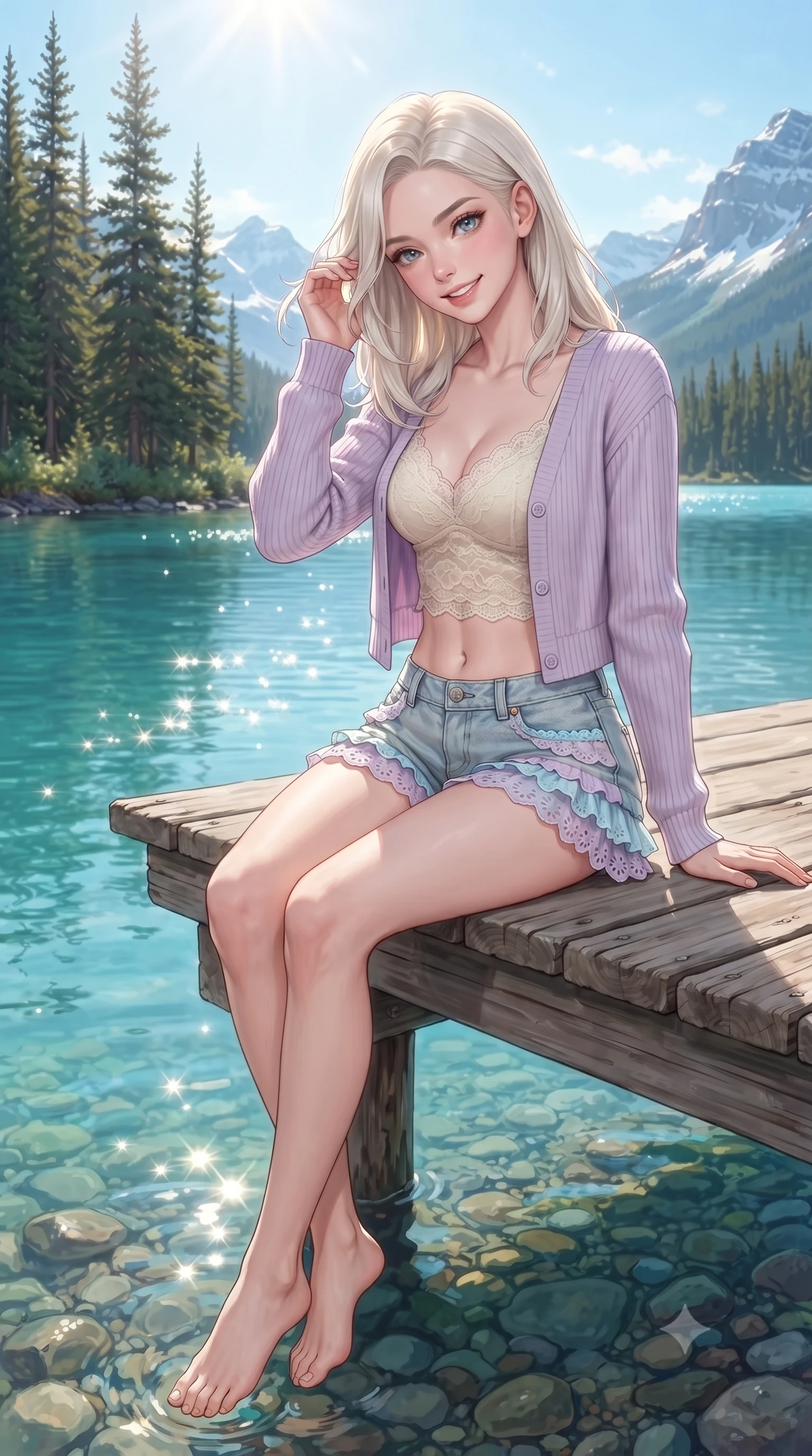 score_9, masterpiece, best quality, ultra-detailed, high-budget anime keyframe, editorial fashion photography, tasteful artistic composition, Caucasian woman. close-up cowboy shot from the waist and thighs up, the character dominates the composition, filling the frame with her large presence. tilting her head with a cute, youthful grin while brushing a stray strand of hair behind her ear with slender fingers while sitting gracefully on a rustic wooden pier dangling her feet above mirror-like turquoise glacial lake water. The surrounding environment is rendered in vivid detail and crisp panoramic clarity. crystal-clear turquoise water revealing smooth underwater pebbles, towering pine needles, and distant peaks in high clarity. She has an exceptionally elegant, slender, and willowy female figure with an ultra-slim waist, a gracefully sculpted slender torso, toned flat midriff, and a refined slim silhouette. sharp v-shaped jawline, high-bridge nose, intricate jewel-like eyes with depth, thick eyelashes, glossy lips with a natural sheen, pure and lovely fresh girlhood expression, flawlessly proportioned anatomical accuracy, strict slender model proportions, natural body alignment, perfectly sculpted long slender limbs, ultra-slim waistline, clean dynamic posture without body distortion. wearing a soft pastel ribbed knit cardigan worn over a delicate cream lace camisole and light-wash denim shorts in soft pastel lavender and delicate sky blue, woven with delicate eyelet lace and breathable cotton voile, accented with soft smocked elastic details and ruffled cuff trims, the chic real-way fashion cut emphasizing her effortless charm, flat midriff, and slender model proportions. bathed in radiant midday sunshine creating sparkling diamond glints across the turquoise lake surface. ultra-reflective glossy finish, specular highlights, rich natural textures, high-contrast stereoscopic depth, volumetric dynamic lighting, 2k, ultra detail, master piece, 9:16 ratio