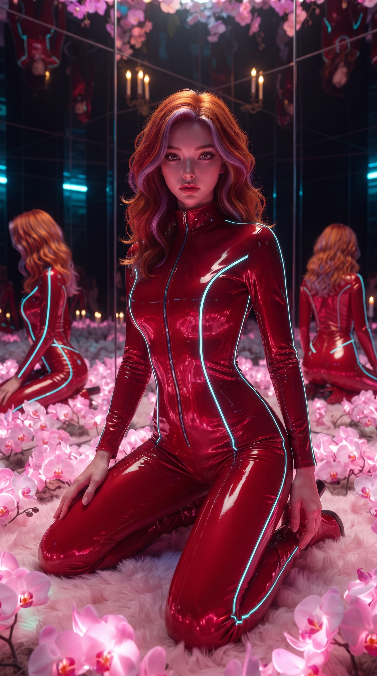 score_9, masterpiece, best quality, ultra-detailed, High-budget Anime Keyframe, editorial fashion photography, tasteful artistic composition, realistic cosplay photography, Caucasian woman, strictly human ears. Low angle cowboy shot filling the entire 9:16 frame with her statuesque presence. Scenario 429: kneeling on a soft bed of glowing neon orchids under a hall of mirrors reflecting infinite silhouettes in warm candlelight. Her presence is magnetic and overpowering in this high-budget cinematic scene. Outfit 429: a tailored crimson red patent leather catsuit featuring a refined mock-neck collar and glowing LED seams. The clothing is designed to emphasize her exceptionally tall and slender 8-heads proportion. 8-heads proportion, towering silhouette, ultra-slim waist. sharp v-shaped jawline, intricate jewel-like eyes with depth, thick eyelashes, glossy lips. ultra-reflective glossy finish, specular highlights, metallic sheen, high-contrast stereoscopic depth, volumetric dynamic lighting, 2k, ultra detail, master piece, 9:16 ratio