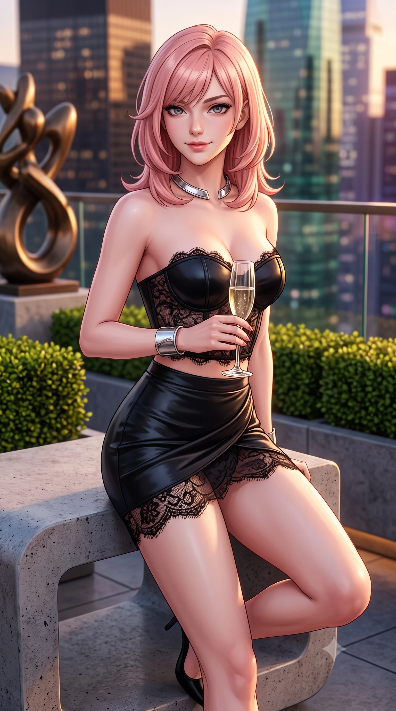 score_9, masterpiece, best quality, ultra-detailed, high-budget anime keyframe, semi-realistic 3D game render, editorial fashion photography, tasteful artistic composition, Japanese woman. close-up cowboy shot from the waist and thighs up, the character dominates the composition, filling the frame with her large presence. perched sideways on the lounge seat, one knee drawn up to showcase her slender leg line while her arched back accentuates her feminine hip curve while sitting perched on a concrete sculpture bench with legs crossed, holding a champagne flute with effortless cosmopolitan charm. The background shows a soft-focus abstract bronze sculptures, manicured rooftop boxwood hedges, and glittering architectural glass towers blurred into sunset bronze, emerald, and violet bokeh. She has an exceptionally elegant, slender, and willowy female figure with an ultra-slim waist, flat toned midriff, narrow ribcage, and sculpted feminine hips creating an alluring, slim hourglass silhouette without bulk. sharp v-shaped jawline, high-bridge nose, sparkling eyes with hypnotic seductive depth, thick curled eyelashes, glossy parted lips with a natural dewy peach sheen, alluring bedroom-eyes with an enchanting coquettish smile, exuding magnetic siren charisma and sophisticated glamour, flawlessly proportioned anatomical accuracy, strict slender model proportions, natural body alignment, perfectly sculpted long slender limbs, ultra-slim waistline, clean dynamic posture without body distortion. wearing a structured strapless boned neoprene bustier top paired with an ultra-short architectural wrap mini skirt in wet-look onyx black with crimson specular reflections, made of delicate semi-sheer French Chantilly lace with intricate eyelash edges, finished with a sculptural silver torque collar and a matching wide architectural wrist cuff, the glove-like clinging cut tightly following the natural contour of her hips and long slender legs with youthful 8.5-heads elegance. illuminated by glass balustrade reflections and sharp warm-gold rim lights defining her razor-sharp jawline, narrow waist, and curvy hips. highly saturated vibrant anime colors, detailed shading with soft gradients, rich glossy textures, high-contrast stereoscopic depth, volumetric dynamic lighting, master piece, 9:16 ratio