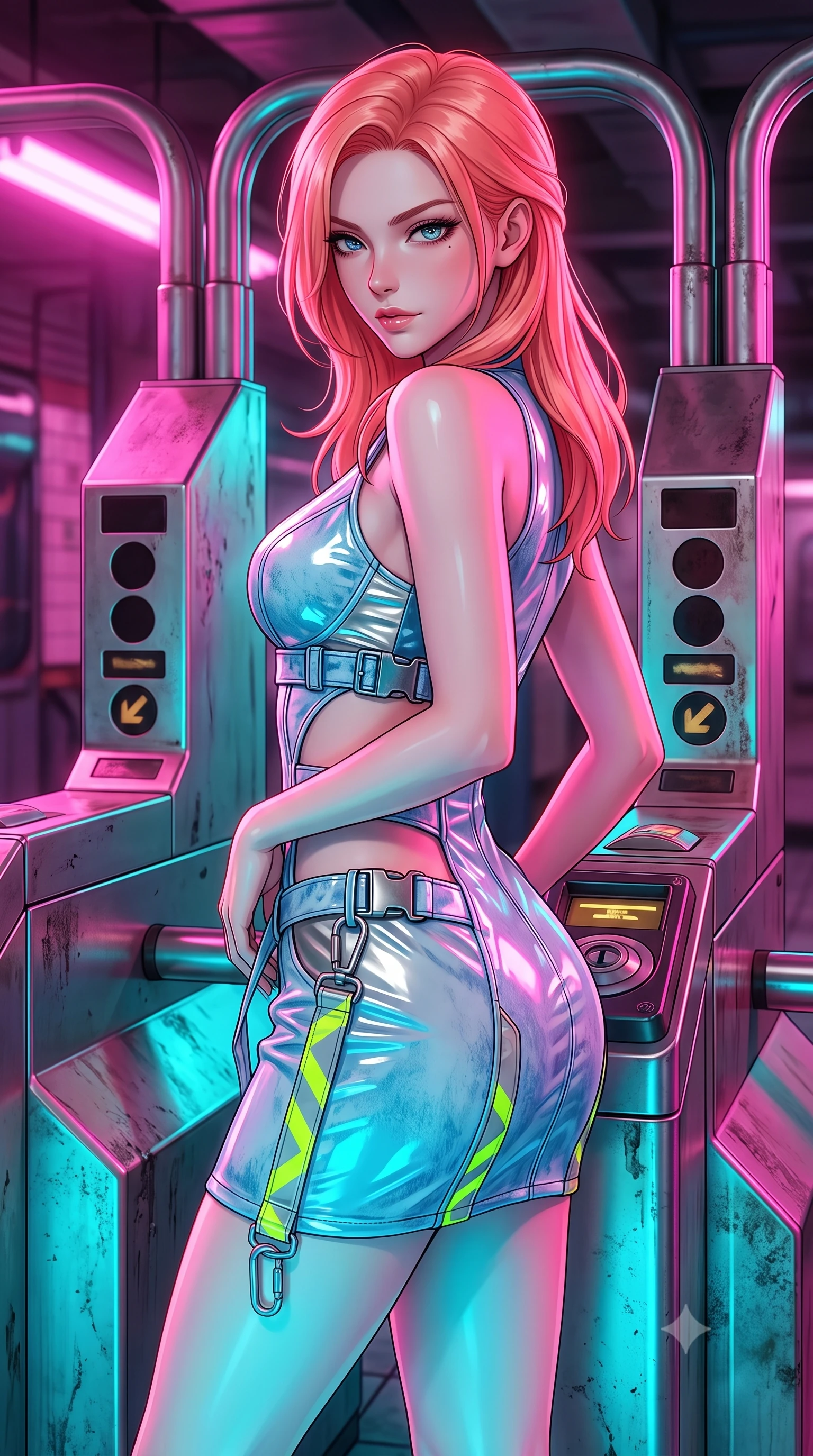 score_9, masterpiece, best quality, ultra-detailed, high-budget anime keyframe, semi-realistic 3D game render, editorial fashion photography, tasteful artistic composition, Japanese woman. close-up cowboy shot from the waist and thighs up, the character dominates the composition, filling the frame with her large presence. turning over her shoulder with an indomitable, smoldering gaze, her soft hair framing her razor-sharp v-shaped jawline while leaning against a retro-futuristic metallic subway turnstile with a fierce, rebellious streetwear smirk. The surrounding environment is rendered in vivid detail and crisp panoramic clarity. high-contrast cyberpunk street chiaroscuro and raw urban subway aesthetics rendered with precision. She has an exceptionally elegant, slender, and willowy female figure with an ultra-slim waist, a gracefully sculpted slender torso, toned flat midriff, and a refined slim silhouette. sharp v-shaped jawline, high-bridge nose, intricate jewel-like eyes with depth, thick eyelashes, glossy lips with a natural sheen, captivating and magnetic expression, flawlessly proportioned anatomical accuracy, strict slender model proportions, natural body alignment, perfectly sculpted long slender limbs, ultra-slim waistline, clean dynamic posture without body distortion. wearing a high-gloss vinyl mini dress accented with industrial buckle straps and side-waist cutouts in acid-wash light denim blue and silver chrome, formed from high-gloss patent leather with sharp specular chiaroscuro, finished with reflective safety hazard tape details and carabiner clips, the liquid-tight tailored fabric emphasizing every curve of her tall, slender model proportions and sculptured silhouette during dynamic movement. bathed in high-contrast dual lighting of neon pink floodlights and electric cyan underlights. highly saturated vibrant anime colors, detailed shading with soft gradients, rich glossy textures, high-contrast stereoscopic depth, volumetric dynamic lighting, master piece, 9:16 ratio