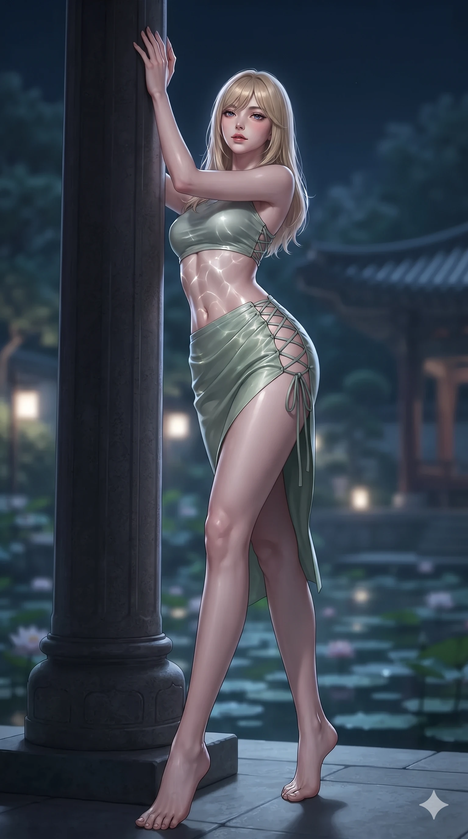 score_9, masterpiece, best quality, ultra-detailed, high-budget anime keyframe, editorial fashion photography, tasteful artistic composition, Japanese woman. low angle full-body shot from head to toe showing her feet, filling the entire 9:16 vertical frame with her statuesque presence, stretching her vertical silhouette. standing tall beside the architectural column, one hand resting high while arching her lower back to emphasize her sculpted feminine hips and slender waist while twisting her slender torso in an alluring contrapposto stance, shimmering water refractions from the lotus pool dancing across her flat midriff. The background shows a soft-focus tranquil royal water garden softened in atmospheric nocturnal shallow focus. She has an absolutely perfect, statuesque 8.5-heads proportion, an exceptionally tall and slender model-like female figure with impossibly long slender legs, an ultra-slim waist, a flat toned midriff, narrow delicate ribcage, and beautifully sculpted feminine hips creating a graceful, slim hourglass silhouette without any bulky heaviness. sharp v-shaped jawline, high-bridge nose, sparkling eyes with hypnotic seductive depth, thick curled eyelashes, glossy parted lips with a natural dewy peach sheen, alluring bedroom-eyes with an enchanting coquettish smile, exuding magnetic siren charisma and sophisticated glamour, flawlessly proportioned anatomical accuracy, strict slender model proportions, natural body alignment, perfectly sculpted long slender limbs, ultra-slim waistline, clean dynamic posture without body distortion. wearing an alluring low-slung modern hanbok wrap skirt with bare waist flanks and delicate silk cord ties in soft lotus rose and morning dew sage green, tailored from heavy double-faced silk faille with an exceptionally fluid drape, featuring fine criss-cross lace-up side ties revealing tantalizing glimpses of her hip curve, the glove-like clinging cut tightly following the natural contour of her hips and long slender legs with youthful 8.5-heads elegance. illuminated by dark water reflection bounce and sharp silver-rose rim lights defining her razor-sharp jawline, narrow waist, and curvy hips. ultra-reflective glossy finish, specular highlights, rich textural contrasts, high-contrast stereoscopic depth, volumetric dynamic lighting, 2k, ultra detail, master piece, 9:16 ratio