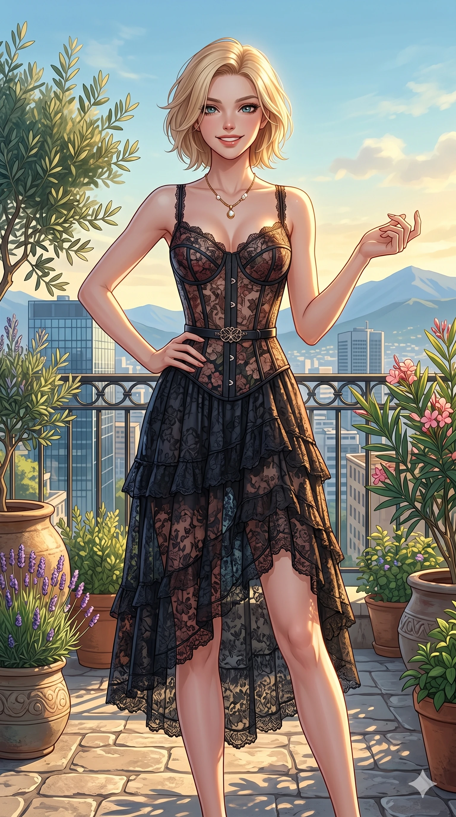 score_9, masterpiece, best quality, ultra-detailed, high-budget anime keyframe, vibrant anime aesthetic, Caucasian woman, strictly human ears. cowboy shot from the thighs up, character and outfit filling the frame for maximum presence. She is standing proud in the sun, her lips curved in a warm, lively grin on a sun-drenched penthouse garden terrace (Code-P20-176). She has an absolutely perfect 8-heads proportion, an exceptionally tall and slender female figure with impossibly long slender legs and an ultra-slim waist. V-shaped jawline, high-bridge nose, intricate jewel-like eyes with depth, thick eyelashes, glossy lips with a natural sheen. wearing a semi-opaque corset over a black lace slip dress. She is bathed in soft sun-kissed golden rays, creating beautiful highlights and shadows. 2k, ultra detail, master piece, 9:16 ratio
