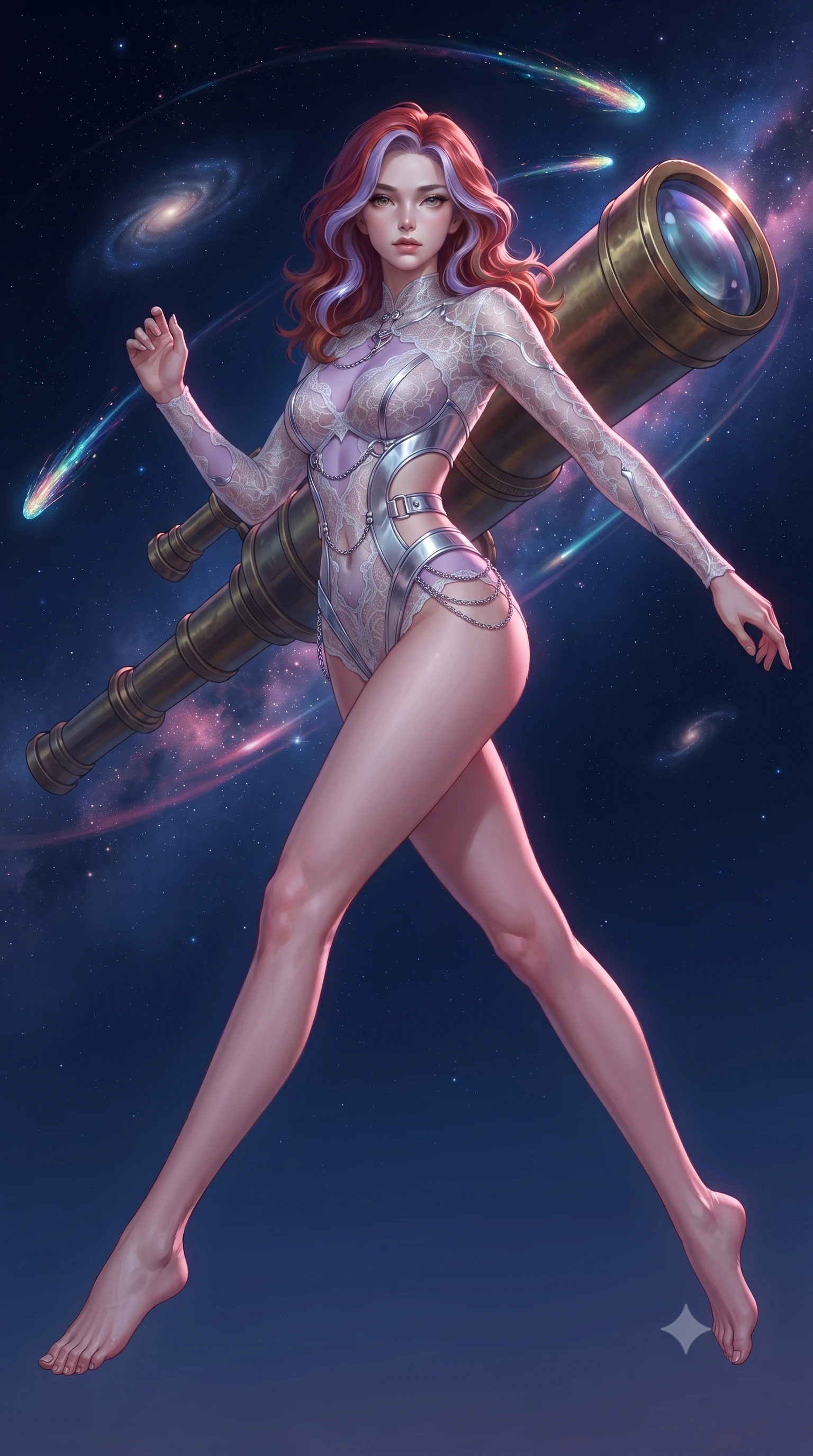 score_9, masterpiece, best quality, ultra-detailed, high-budget anime keyframe, editorial fashion photography, tasteful artistic composition, Caucasian woman. low angle full-body shot from head to toe showing her feet, filling the entire 9:16 vertical frame with her statuesque presence, stretching her vertical silhouette. leaping dynamically through the luminous sky, her posture full of power and elegance, standing before a massive brass telescope tracking glowing comet dust trails, intellectual composed expression with direct magnetic gaze. She has an absolutely perfect, statuesque 8.5-heads proportion, an exceptionally tall and slender model-like female figure with impossibly long slender legs and an ultra-slim waist. sharp v-shaped jawline, high-bridge nose, intricate jewel-like eyes with depth, thick eyelashes, glossy lips with a natural sheen. wearing sheer pearl-white lace overlay bodysuit with delicate sheer cutouts in pastel lavender violet, made of sculpted platinum chrome, framed by polished silver buckles and delicate chain details, the fitted fabric emphasizing her ultra-slim waist. bathed in deep navy and galaxy pink ambient lighting. ultra-reflective glossy finish, specular highlights, metallic sheen, high-contrast stereoscopic depth, volumetric dynamic lighting, 2k, ultra detail, master piece, 9:16 ratio
