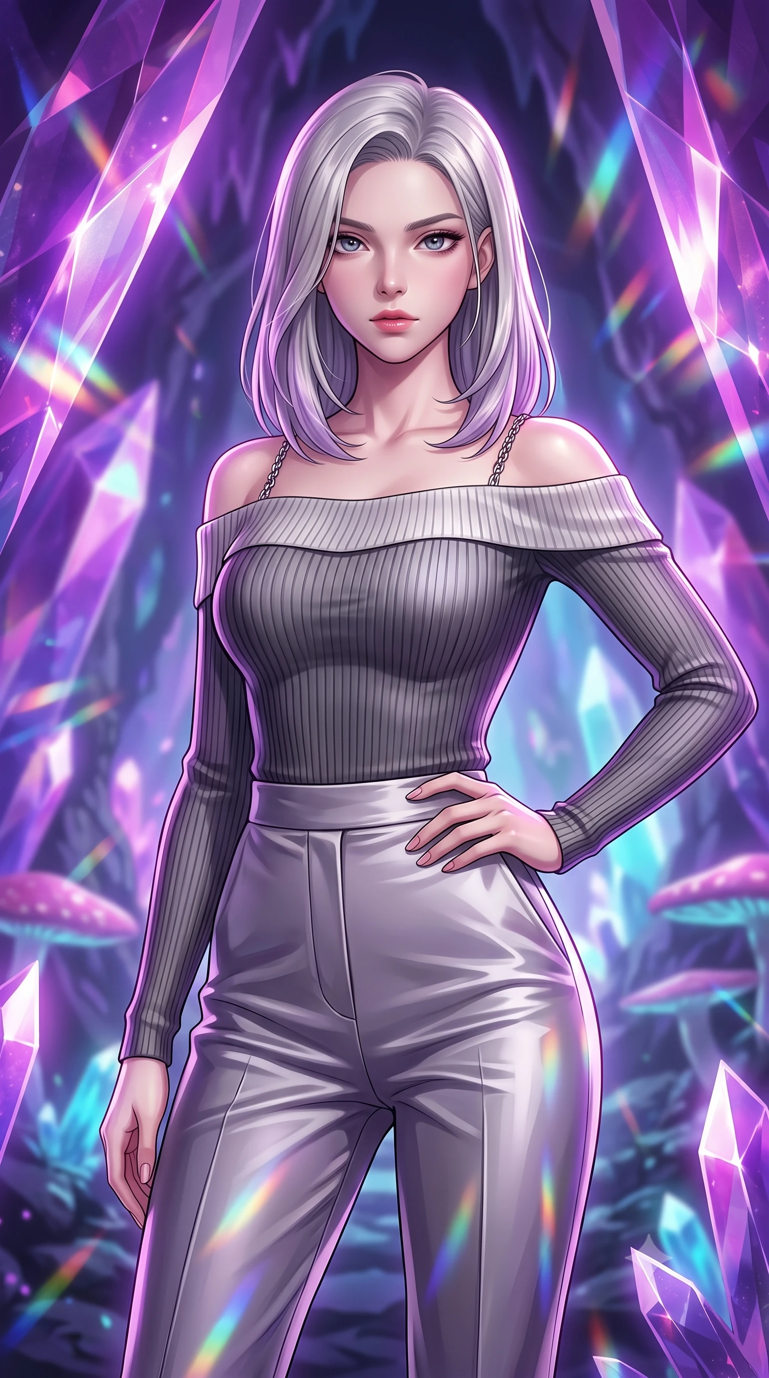 score_9, masterpiece, best quality, ultra-detailed, high-budget anime keyframe, editorial fashion photography, tasteful artistic composition, Caucasian woman. close-up cowboy shot from the waist and thighs up, the character dominates the composition, filling the frame with her large presence, background elements kept in soft focus. Holding a confident power pose with one hand on her hip, gazing directly into the camera with quiet intensity navigating a cavern filled with bioluminescent fungi and crystalline stalactites, massive violet and magenta crystal facets scattering prismatic light rays. She has an exceptionally elegant, slender, and willowy female figure with an ultra-slim waist, a gracefully sculpted slender torso, and a refined silhouette. sharp v-shaped jawline, high-bridge nose, intricate jewel-like eyes with depth, thick eyelashes, glossy lips with a natural sheen. wearing a sleek off-shoulder ribbed knit top paired with high-waist tailored pants in charcoal grey and platinum, crafted from lustrous satin jersey with fluid draping, adorned with delicate metallic chain straps along the neckline, the form-contouring material highlighting her ultra-slim waist and long lines. illuminated by radiant purple, magenta, and cyan crystal inner glow. highly saturated vibrant anime colors, detailed shading with soft gradients, rich glossy textures, high-contrast stereoscopic depth, volumetric dynamic lighting, master piece, 9:16 ratio