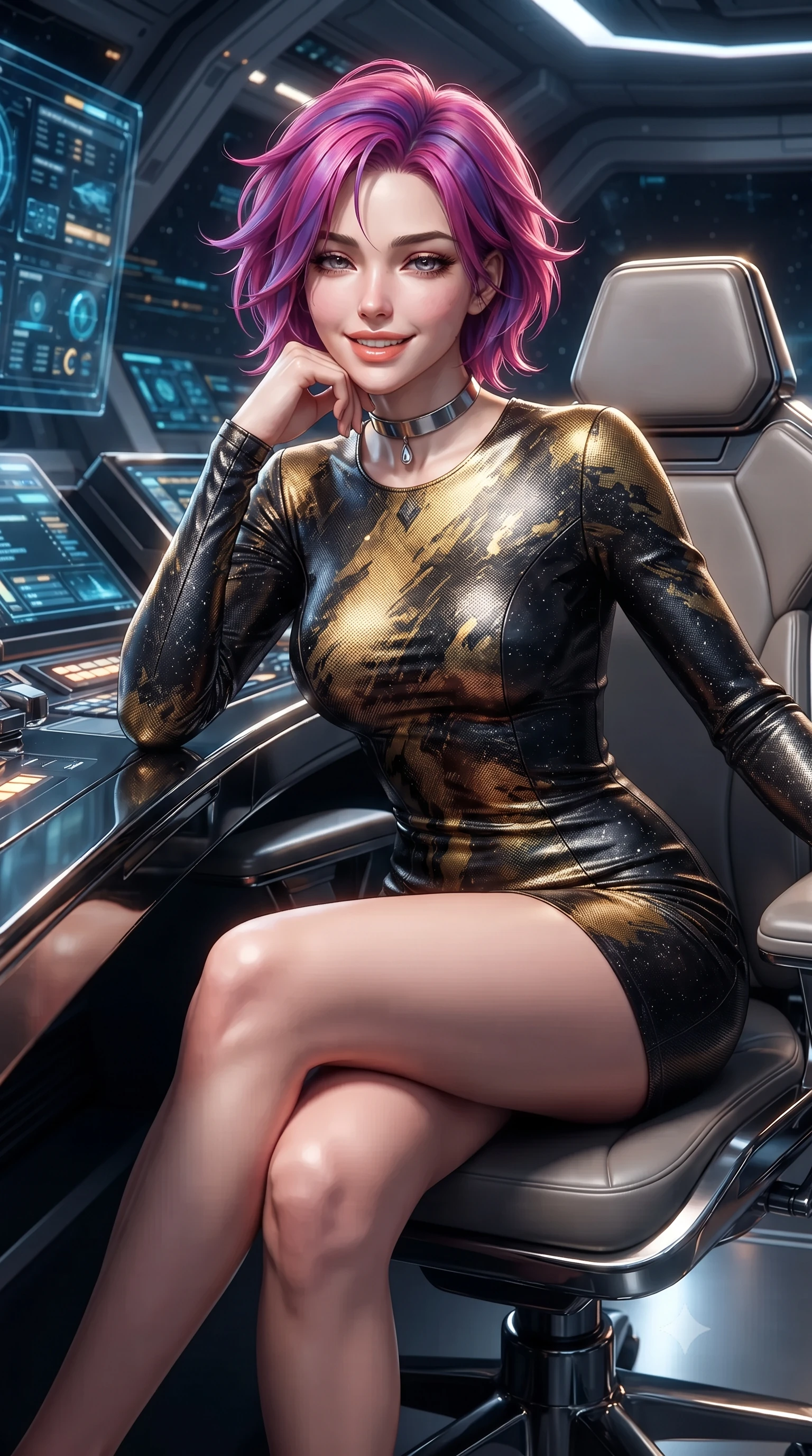 score_9, masterpiece, best quality, ultra-detailed, high-budget anime keyframe, editorial fashion photography, tasteful artistic composition, Caucasian woman. close-up cowboy shot from the waist and thighs up, the character dominates the composition, filling the frame with her large presence. resting one elbow on the table and supporting her chin, leaning close to the camera with heavy-lidded sparkling eyes and parted lips while sitting gracefully on the ergonomic captain chair with legs crossed, flashing an enchanting smile with parted glossy lips as light bends around her. The surrounding environment is rendered in vivid detail and crisp panoramic clarity: sharp black chrome console edges, relativistic light ring fringes, and holographic flight telemetry readouts in deep focus. She has an exceptionally elegant, slender, and willowy female figure with an ultra-slim waist, flat toned midriff, narrow ribcage, and sculpted feminine hips creating an alluring, slim hourglass silhouette without bulk. sharp v-shaped jawline, high-bridge nose, intricate jewel-like sparkling eyes with depth, thick eyelashes, glossy parted lips with a natural peach sheen, bright cheerful beaming smile with an enchanting and coquettish sensual glint, exuding both youthful cute charm and seductive allure, flawlessly proportioned anatomical accuracy, strict slender model proportions, natural body alignment, perfectly sculpted long slender limbs, ultra-slim waistline, clean dynamic posture without body distortion. wearing a glove-like stretch lambskin leather dress with seamless sculpting hold adhering tightly to her silhouette in singularity accretion gold and deep space void black, woven from structured carbon-fiber jacquard with rich textural depth, finished with a minimalist chrome choker and a single teardrop diamond pendant, the liquid-tight tailored fabric clinging flawlessly to her narrow waist and rounded feminine hips, emphasizing every millimeter of her sculpted slim hourglass curves without any bulky heaviness. illuminated by console screen bounce and sharp relativistic gold rim lights defining her razor-sharp jawline, narrow waist, and curvy hips. ultra-reflective glossy finish, specular highlights, rich textural contrasts, high-contrast stereoscopic depth, volumetric dynamic lighting, 2k, ultra detail, master piece, 9:16 ratio