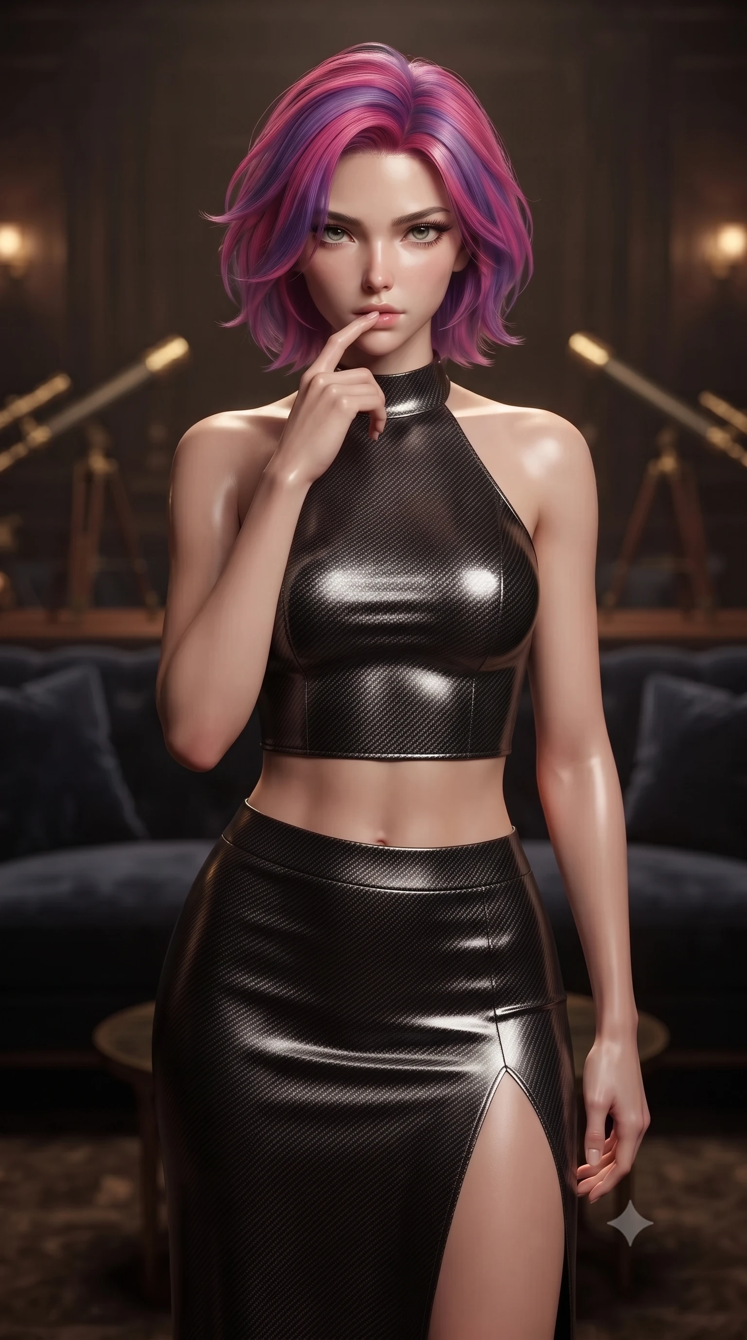 score_9, masterpiece, best quality, ultra-detailed, high-budget anime keyframe, editorial fashion photography, tasteful artistic composition, Caucasian woman. close-up cowboy shot from the waist and thighs up, the character dominates the composition, filling the frame with her large presence, background elements kept in soft focus. pressing one finger to her bottom lip in a thoughtful, composed gesture, locking eyes with the viewer, the background shows a soft-focus a theater foyer lounge with dark velvet sofas and antique telescopes. She has an exceptionally elegant, slender, and willowy female figure with an ultra-slim waist, a gracefully sculpted slender torso, and a refined silhouette. sharp v-shaped jawline, high-bridge nose, intricate jewel-like eyes with depth, thick eyelashes, glossy lips with a natural sheen. wearing a tailored carbon-fiber halter-neck crop top paired with a matching high-slit midi skirt, revealing her slim waist. low-contrast warm ambient glow creating a mysterious, cozy mood inside. ultra-reflective glossy finish, specular highlights, metallic sheen, high-contrast stereoscopic depth, volumetric dynamic lighting, 2k, ultra detail, master piece, 9:16 ratio