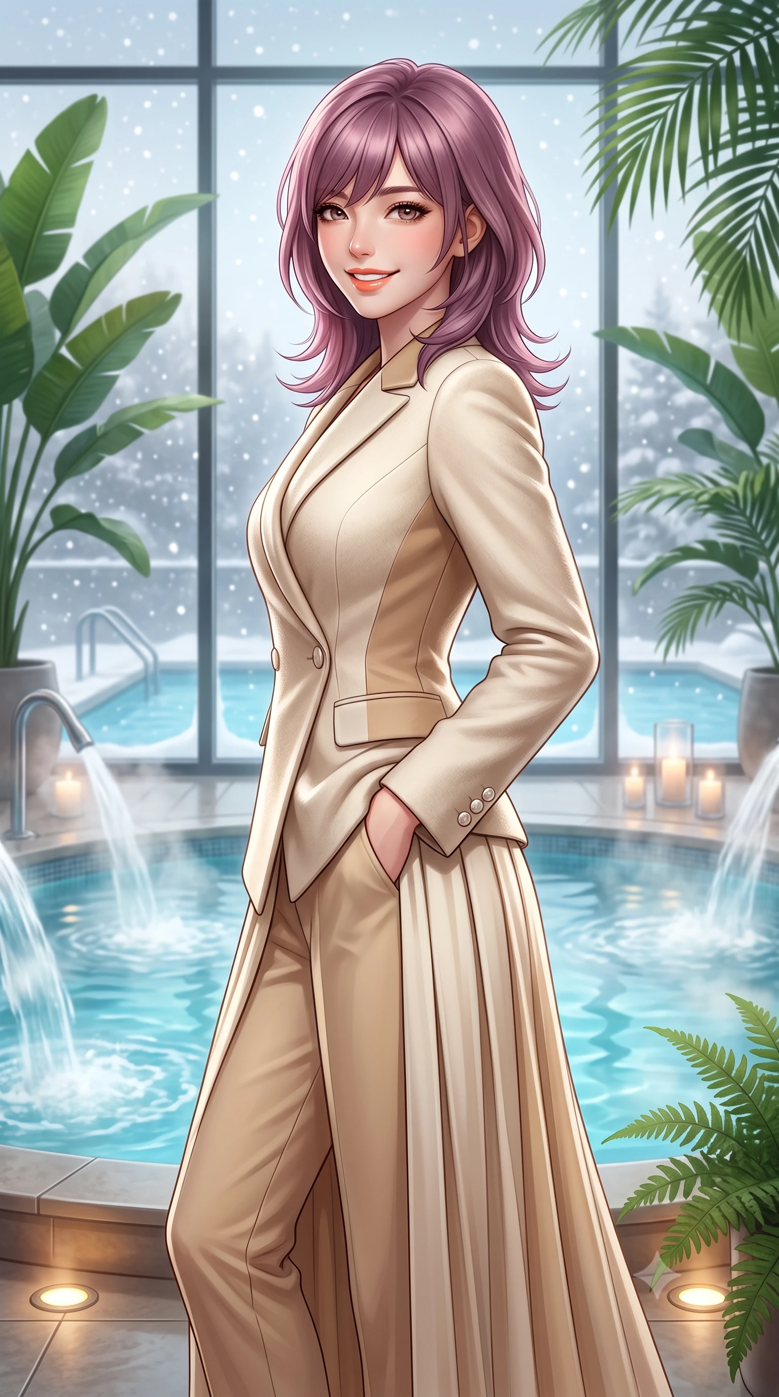 score_9, masterpiece, best quality, ultra-detailed, high-budget anime keyframe, semi-realistic 3D game render, editorial fashion photography, tasteful artistic composition, Japanese woman. close-up cowboy shot from the waist and thighs up, the character dominates the composition, filling the frame with her large presence. standing poised with one hand slipped into her tailored trouser pocket, head tilted in a friendly, engaging expression while walking past steaming indoor hydrotherapy fountains toward the glass wall looking out at falling snow, turning with radiant poise. The background shows a soft-focus steaming outdoor snow pools seen through glass, lush indoor banana palms and ferns, and soft candlelight blurred into jade, azure, and vaporous white bokeh. She has an exceptionally elegant, slender, and willowy female figure with an ultra-slim waist, flat toned midriff, narrow ribcage, and sculpted feminine hips creating an alluring, slim hourglass silhouette without bulk. sharp v-shaped jawline, high-bridge nose, intricate jewel-like sparkling eyes with depth, thick eyelashes, glossy parted lips with a natural peach sheen, bright cheerful beaming smile with an enchanting and coquettish sensual glint, exuding both youthful cute charm and seductive allure, flawlessly proportioned anatomical accuracy, strict slender model proportions, natural body alignment, perfectly sculpted long slender limbs, ultra-slim waistline, clean dynamic posture without body distortion. wearing an asymmetrical-wrap tailored wool jacket with clean geometric lines paired with a structured pleated maxi skirt in soft champagne ivory and warm biscuit beige, woven from plush alpaca yarn with a cloud-like fuzzy texture and soft halo, finished with fine mother-of-pearl cuff buttons catching the soft ambient light, the expertly draped wool fabric falling in crisp fluid lines along her tall 8.5-heads silhouette, celebrating her slender frame without excess fabric bulk. bathed in calm diffused winter daylight filtering through steamy glass panes combined with warm 2800K recessed floor lights. highly saturated vibrant anime colors, detailed shading with soft gradients, rich glossy textures, high-contrast stereoscopic depth, volumetric dynamic lighting, master piece, 9:16 ratio