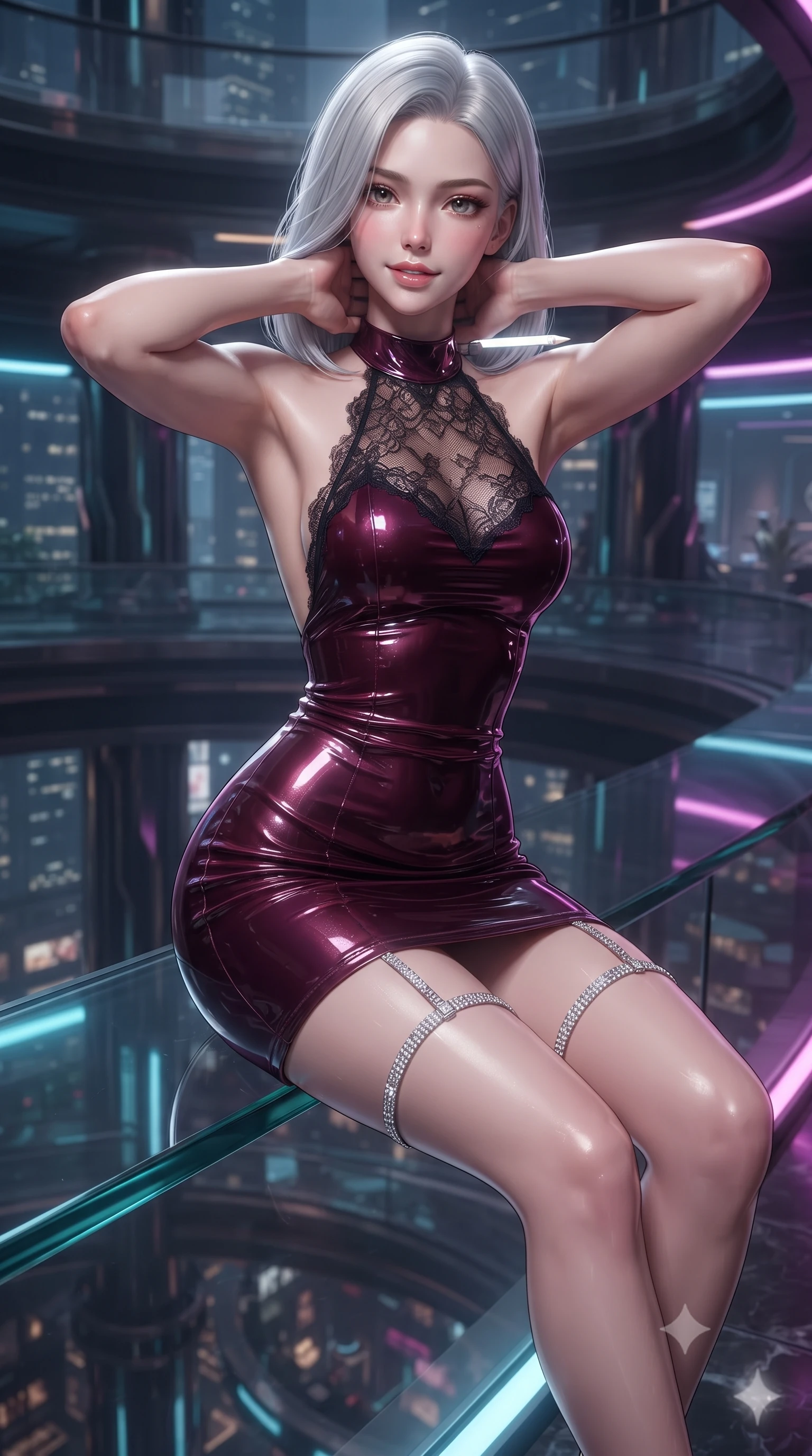 score_9, masterpiece, best quality, ultra-detailed, high-budget anime keyframe, editorial fashion photography, tasteful artistic composition, Korean woman. close-up cowboy shot from the waist and thighs up, the character dominates the composition, filling the frame with her large presence. resting both hands lightly behind her neck with elbows raised, arching her spine to highlight her narrow waist, flat midriff, and breathtaking collarbones while perched sideways on the glass bridge curb with legs extended gracefully, holding an illuminated data stylus with effortless cool. The surrounding environment is rendered in vivid detail and crisp panoramic clarity: detailed sheer illusion mesh bodysuit weave, dewy skin highlights, and bio-tech skyscraper interior craft in high resolution. She has an exceptionally elegant, slender, and willowy female figure with an ultra-slim waist, flat toned midriff, narrow ribcage, and sculpted feminine hips creating an alluring, slim hourglass silhouette without bulk. sharp v-shaped jawline, high-bridge nose, sparkling eyes with hypnotic seductive depth, thick curled eyelashes, glossy parted lips with a natural dewy peach sheen, alluring bedroom-eyes with an enchanting coquettish smile, exuding magnetic siren charisma and sophisticated glamour, flawlessly proportioned anatomical accuracy, strict slender model proportions, natural body alignment, perfectly sculpted long slender limbs, ultra-slim waistline, clean dynamic posture without body distortion. wearing a slinky backless halterneck column mini dress in shimmering liquid vinyl clinging like a second skin in deep bordeaux velvet and delicate black chantilly, crafted from wet-look high-gloss vinyl fabric with dazzling specular surface reflections, finished with delicate crystal-encrusted thigh garter straps glinting in the dim light, the glove-like clinging cut tightly following the natural contour of her hips and long slender legs with youthful 8.5-heads elegance. bathed in specialized ultraviolet and cool daylight grow-lighting arrays mixed with bridge floor LED strips. ultra-reflective glossy finish, specular highlights, rich textural contrasts, high-contrast stereoscopic depth, volumetric dynamic lighting, 2k, ultra detail, master piece, 9:16 ratio