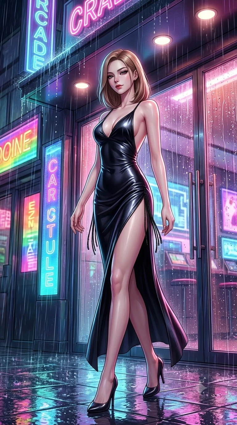 score_9, masterpiece, best quality, ultra-detailed, high-budget anime keyframe, semi-realistic 3D game render, editorial fashion photography, tasteful artistic composition, Korean woman. low angle full-body shot from head to toe showing her feet, filling the entire 9:16 vertical frame with her statuesque presence, stretching her vertical silhouette. stepping forward into the rain-streaked neon light, head tilted slightly as her smoldering gaze captivates the lens while standing poised under the brightly lit neon arcade canopy as rain cascades off the eaves, arching her back with effortless siren grace. The surrounding environment is rendered in vivid detail and crisp panoramic clarity: sharp neon glass tube lettering, rain droplet beads on entrance glass, and wet pavement reflection clarity in deep focus. She has an exceptionally tall and slender model-like 8.5-heads proportion, an ultra-slim waist, a flat toned midriff, narrow delicate ribcage, and beautifully sculpted feminine hips creating a graceful, slim hourglass silhouette without any bulky heaviness, with impossibly long slender legs. sharp v-shaped jawline, high-bridge nose, intricate jewel-like dark sparkling eyes with dangerous depth, thick curled eyelashes, glossy parted lips with a rich wine sheen, smoldering seductive half-smile with bedroom-eyes, exuding effortless superiority and intoxicating dark allure, flawlessly proportioned anatomical accuracy, strict slender model proportions, natural body alignment, perfectly sculpted long slender limbs, ultra-slim waistline, clean dynamic posture without body distortion. wearing a provocative backless liquid lamé slip dress with plunging neckline and hip-high thigh slit in pure obsidian monochrome with subtle metallic sheen, tailored from smooth liquid silk satin that clings smoothly to her narrow waist and rounded hips with a dewy sheen, accented with fine jet-black beaded tassels that sway with each movement, the precision-cut side openings and low-back scoop framing her graceful spine and the sensual sweep of her slim, toned hips. bathed in ultra-saturated rainbow neon glow from illuminated signboards and video screens. highly saturated vibrant anime colors, detailed shading with soft gradients, rich glossy textures, high-contrast stereoscopic depth, volumetric dynamic lighting, master piece, 9:16 ratio
