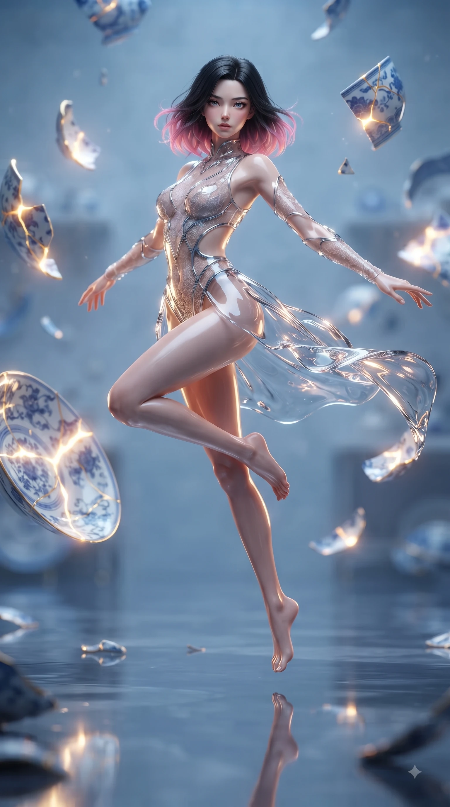 score_9, masterpiece, best quality, ultra-detailed, high-budget anime keyframe, editorial fashion photography, tasteful artistic composition, Korean woman woman. low angle full-body shot from head to toe showing her feet, filling the entire 9:16 vertical frame with her statuesque presence, stretching her vertical silhouette. She has an absolutely perfect, statuesque 8.5-heads proportion, an exceptionally tall and slender model-like female figure with impossibly long slender legs and an ultra-slim waist. mid-air spin above the reflective floor, maintaining an athletic and perfectly balanced poise, flawlessly proportioned anatomical accuracy, natural body alignment, perfectly sculpted elegant limbs, clean dynamic posture without body distortion. set against a soft-focus background of a floating blue porcelain workshop with levitating kintsugi shards. wearing a translucent liquid acrylic splash bodysuit with delicate sheer lace panels and open waist. bathed in gold ethereal light radiating from gold cracks in floating ceramics with intense inner glow. ultra-reflective glossy finish, specular highlights, metallic sheen, high-contrast stereoscopic depth, volumetric dynamic lighting, 2k, ultra detail, master piece, 9:16 ratio
