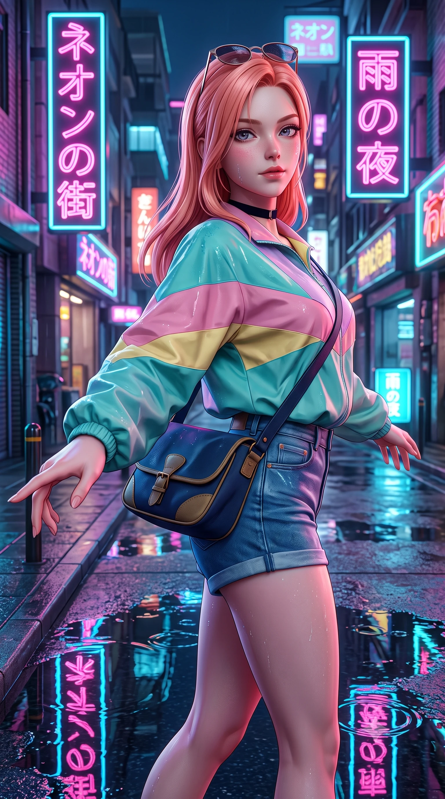 score_9, masterpiece, best quality, ultra-detailed, high-budget anime keyframe, semi-realistic 3D game render, editorial fashion photography, tasteful artistic composition, Japanese woman. close-up cowboy shot from the waist and thighs up, the character dominates the composition, filling the frame with her large presence. extending one slender arm gracefully toward the foreground while casting an affectionate, mesmerizing glance while twirling on the wet sidewalk corner as neon reflection puddles create mirror images of her slender silhouette. The surrounding environment is rendered in vivid detail and crisp panoramic clarity. detailed wet trench coat fabric, sidewalk puddle caustics, and neon reflection clarity in high resolution. She has an exceptionally elegant, slender, and willowy female figure with an ultra-slim waist, a gracefully sculpted slender torso, toned flat midriff, and a refined slim silhouette. sharp v-shaped jawline, high-bridge nose, intricate jewel-like eyes with depth, thick eyelashes, glossy lips with a natural sheen, captivating and magnetic expression, flawlessly proportioned anatomical accuracy, strict slender model proportions, natural body alignment, perfectly sculpted long slender limbs, ultra-slim waistline, clean dynamic posture without body distortion. wearing a retro pastel colorblock windbreaker paired with high-waisted denim shorts and a canvas crossbody bag in deep navy blue and vintage brass gold, made of premium heavyweight washed denim and breathable cotton poplin, finished with a delicate black velvet ribbon choker and vintage sunglasses, the liquid-tight tailored fabric emphasizing every curve of her tall, slender model proportions and sculptured silhouette during dynamic movement. surrounded by an emotional, poetic, and heartwarming vintage movie heroine aura. highly saturated vibrant anime colors, detailed shading with soft gradients, rich glossy textures, high-contrast stereoscopic depth, volumetric dynamic lighting, master piece, 9:16 ratio