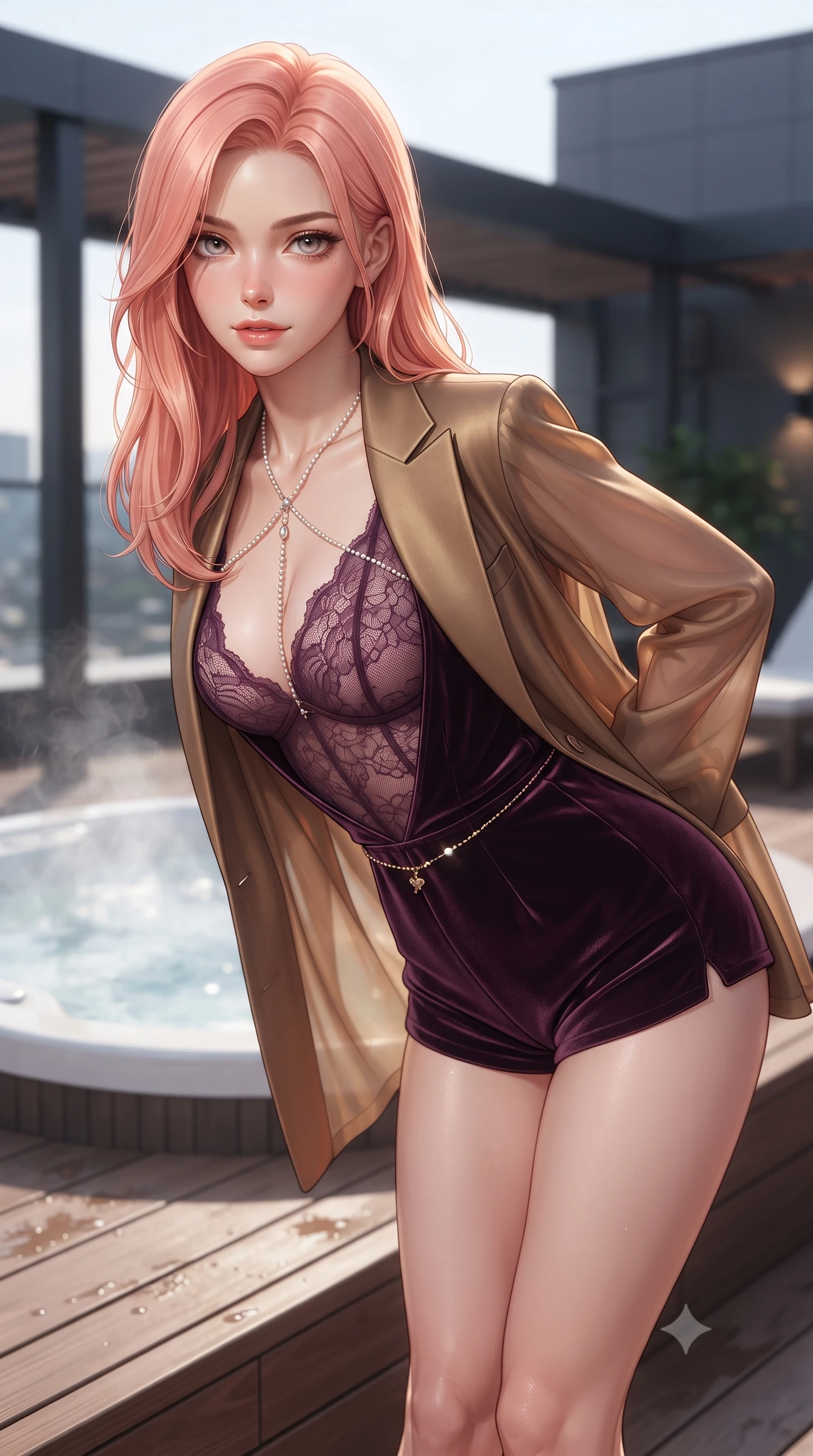 score_9, masterpiece, best quality, ultra-detailed, high-budget anime keyframe, editorial fashion photography, tasteful artistic composition, Japanese woman. close-up cowboy shot from the waist and thighs up, the character dominates the composition, filling the frame with her large presence. leaning forward while arching her lower back to accentuate her curvy hips, looking into the camera with an intoxicating smoldering gaze and bedroom-eyes while standing on the cedar wood deck beside the steaming rooftop tub, arching her back with effortless British cosmopolitan allure. The surrounding environment is rendered in vivid detail and crisp panoramic clarity: detailed wet-look velvet romper cling, delicate waist chain shine, and contemporary rooftop terrace engineering in high resolution. She has an exceptionally elegant, slender, and willowy female figure with an ultra-slim waist, flat toned midriff, narrow ribcage, and sculpted feminine hips creating an alluring, slim hourglass silhouette without bulk. sharp v-shaped jawline, high-bridge nose, sparkling eyes with hypnotic seductive depth, thick curled eyelashes, glossy parted lips with a natural dewy peach sheen, alluring bedroom-eyes with an enchanting coquettish smile, exuding magnetic siren charisma and sophisticated glamour, flawlessly proportioned anatomical accuracy, strict slender model proportions, natural body alignment, perfectly sculpted long slender limbs, ultra-slim waistline, clean dynamic posture without body distortion. wearing a delicate sheer French Chantilly lace teddy layered under an open tailored tuxedo blazer draped over bare shoulders in rich dark plum violet and gilded bronze, made of sheer gossamer chiffon that drapes softly against skin with airy translucence, accented with a pearl-drop body harness subtly framing her dewy collarbones and spine, the high-slit wrap tailoring accentuating her ultra-slim waistline and the enchanting curve of her feminine hips with alluring seductive charm. bathed in warm underwater tub LED glow mixed with warm pergola infrared heat lamp radiance. ultra-reflective glossy finish, specular highlights, rich textural contrasts, high-contrast stereoscopic depth, volumetric dynamic lighting, 2k, ultra detail, master piece, 9:16 ratio