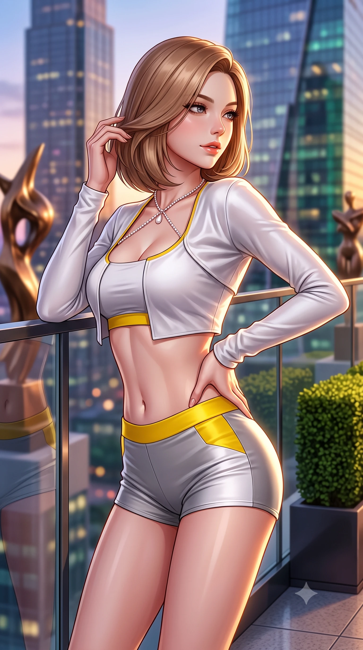score_9, masterpiece, best quality, ultra-detailed, high-budget anime keyframe, semi-realistic 3D game render, editorial fashion photography, tasteful artistic composition, Korean woman. close-up cowboy shot from the waist and thighs up, the character dominates the composition, filling the frame with her large presence. twisting her slender torso in an alluring contrapposto stance, one hand resting on her sculpted hip while her fingers toy with her hair with effortless poise while leaning against the glass perimeter wall with hips cocked back, looking over a bare shoulder toward glittering modernist high-rises. The background shows a soft-focus abstract bronze sculptures, manicured rooftop boxwood hedges, and glittering architectural glass towers blurred into sunset bronze, emerald, and violet bokeh. She has an exceptionally elegant, slender, and willowy female figure with an ultra-slim waist, flat toned midriff, narrow ribcage, and sculpted feminine hips creating an alluring, slim hourglass silhouette without bulk. sharp v-shaped jawline, high-bridge nose, sparkling eyes with hypnotic seductive depth, thick curled eyelashes, glossy parted lips with a natural dewy peach sheen, alluring bedroom-eyes with an enchanting coquettish smile, exuding magnetic siren charisma and sophisticated glamour, flawlessly proportioned anatomical accuracy, strict slender model proportions, natural body alignment, perfectly sculpted long slender limbs, ultra-slim waistline, clean dynamic posture without body distortion. wearing a modern two-piece vampire siren set featuring an open-front velvet bolero and curve-hugging satin hot-pants in Bauhaus optic white and concrete grey with primary yellow accents, crafted from smooth liquid-tight stretch jersey emphasizing every curve of her body, accented with a pearl-drop body harness subtly framing her dewy collarbones and spine, the liquid-tight tailored fabric clinging flawlessly to her narrow waist and rounded feminine hips, emphasizing every millimeter of her sculpted slim hourglass curves without any bulky heaviness. illuminated by glass balustrade reflections and sharp warm-gold rim lights defining her razor-sharp jawline, narrow waist, and curvy hips. highly saturated vibrant anime colors, detailed shading with soft gradients, rich glossy textures, high-contrast stereoscopic depth, volumetric dynamic lighting, master piece, 9:16 ratio