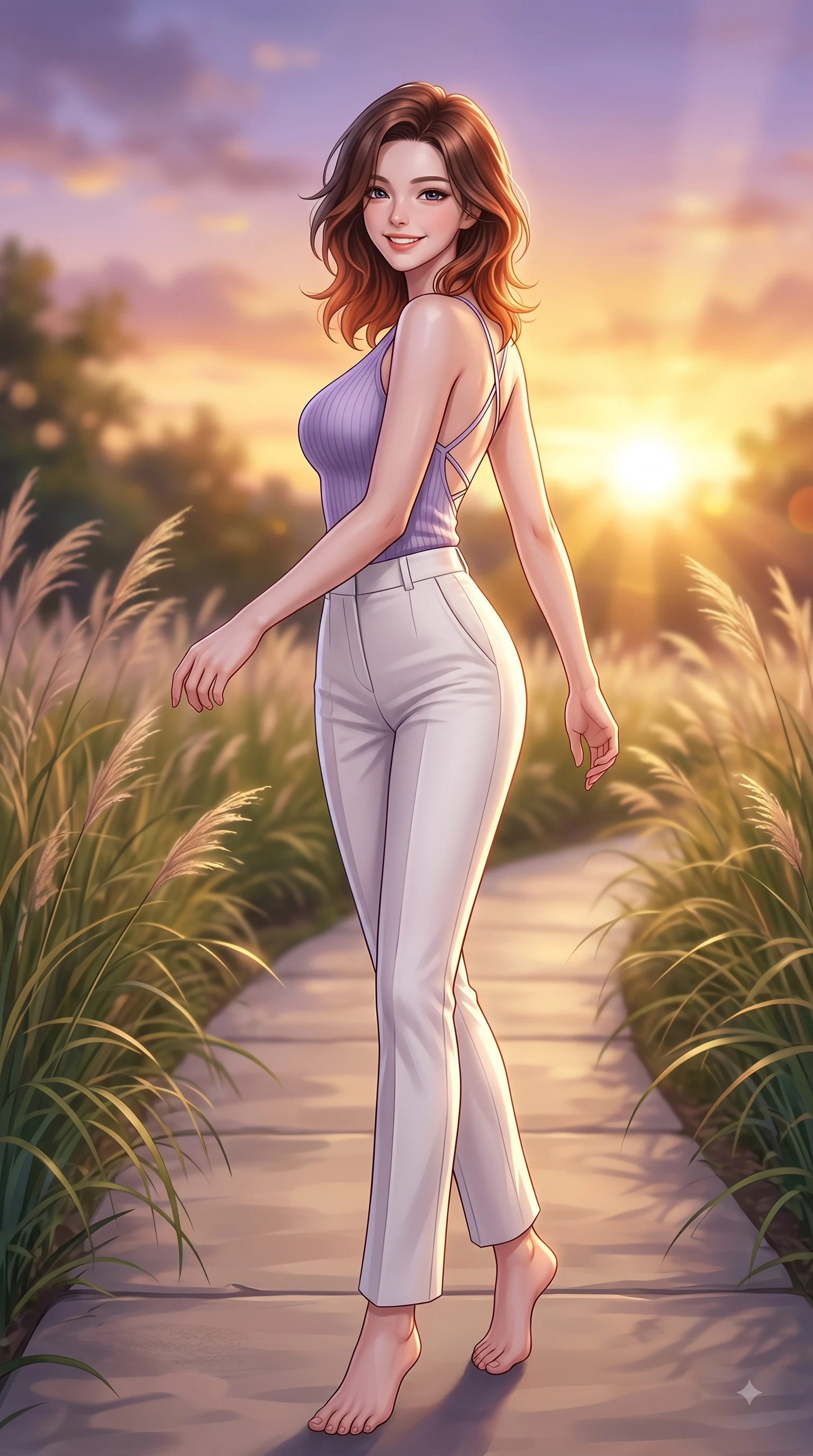 score_9, masterpiece, best quality, ultra-detailed, high-budget anime keyframe, editorial fashion photography, tasteful artistic composition, Korean woman. low angle full-body shot from head to toe showing her feet, filling the entire 9:16 vertical frame with her statuesque presence, stretching her vertical silhouette. pivoting dynamically with a fresh infectious smile, her ultra-slim waist creating a sweeping fluid curve while walking cheerfully along a park pathway bordered by swaying grass as sunset light paints the sky. The composition keeps background elements in soft focus with dreamy bokeh. swaying park grasses and sunset sky gradients softened in dreamy background focus. She has an absolutely perfect, statuesque 8.5-heads proportion, an exceptionally tall and slender model-like female figure with impossibly long slender legs and an ultra-slim waist. sharp v-shaped jawline, high-bridge nose, intricate jewel-like eyes with depth, thick eyelashes, glossy lips with a natural sheen, flawlessly proportioned anatomical accuracy, natural body alignment, perfectly sculpted elegant limbs, clean dynamic posture without body distortion. wearing a form-contouring ribbed knit top paired with high-waisted tailored stretch trousers in soft lavender violet and pearl white, tailored from fine wool crepe with clean lines, finished with delicate criss-cross back straps highlighting her bare shoulders, the elegant draped fit framing her graceful clavicle and slender torso. bathed in glorious golden hour sunset sunbeams and warm amber sky radiance. highly saturated vibrant anime colors, detailed shading with soft gradients, rich glossy textures, high-contrast stereoscopic depth, volumetric dynamic lighting, master piece, 9:16 ratio