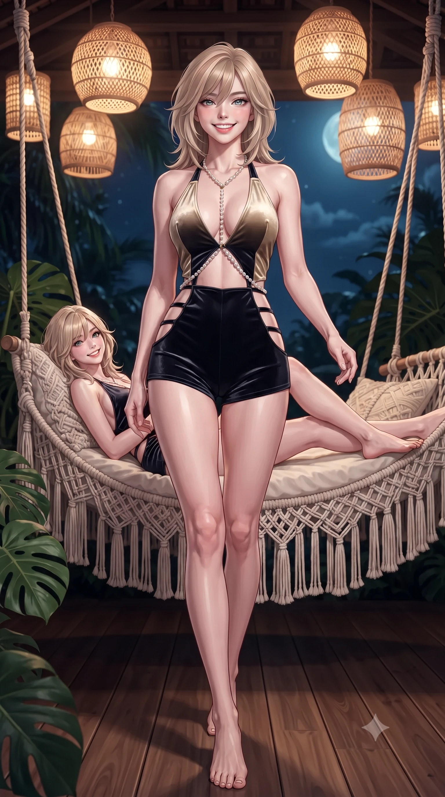 score_9, masterpiece, best quality, ultra-detailed, high-budget anime keyframe, editorial fashion photography, tasteful artistic composition, Japanese woman. low angle full-body shot from head to toe showing her feet, filling the entire 9:16 vertical frame with her statuesque presence, stretching her vertical silhouette. stepping slowly toward the camera with hypnotic grace, hips swaying in an alluring sensual rhythm that accentuates her curvy hourglass silhouette and long slender legs while lounging in the hanging macramé daybed propped on one elbow with legs crossed, running one manicured hand slowly down her collarbone with magnetic allure. The surrounding environment is rendered in vivid detail and crisp panoramic clarity: sharp hand-knotted macramé rope weave, polished tropical zapote wood grain, and lush monstera leaf veins in deep focus. She has an exceptionally tall and slender model-like 8.5-heads proportion, an ultra-slim waist, a flat toned midriff, narrow delicate ribcage, and beautifully sculpted feminine hips creating a graceful, slim hourglass silhouette without any bulky heaviness, with impossibly long slender legs. sharp v-shaped jawline, high-bridge nose, intricate jewel-like sparkling eyes with depth, thick eyelashes, glossy parted lips with a natural peach sheen, bright cheerful beaming smile with an enchanting and coquettish sensual glint, exuding both youthful cute charm and seductive allure, flawlessly proportioned anatomical accuracy, strict slender model proportions, natural body alignment, perfectly sculpted long slender limbs, ultra-slim waistline, clean dynamic posture without body distortion. wearing a daring low-cut halterneck romper with exposed midriff and strappy hip cutouts in deep midnight obsidian black and champagne gold, tailored from ultra-plush silk velvet with rich tactile depth and deep shadow gradients, accented with a pearl-drop body harness subtly framing her dewy collarbones and spine, the second-skin tailored fabric adhering flawlessly to her sculpted flat midriff and slender torso, emphasizing her long leg lines and perfectly proportioned willowy build. bathed in the warm radiant 2400K illumination of hanging woven rattan lanterns mixed with cool Caribbean moonlight. ultra-reflective glossy finish, specular highlights, rich textural contrasts, high-contrast stereoscopic depth, volumetric dynamic lighting, 2k, ultra detail, master piece, 9:16 ratio