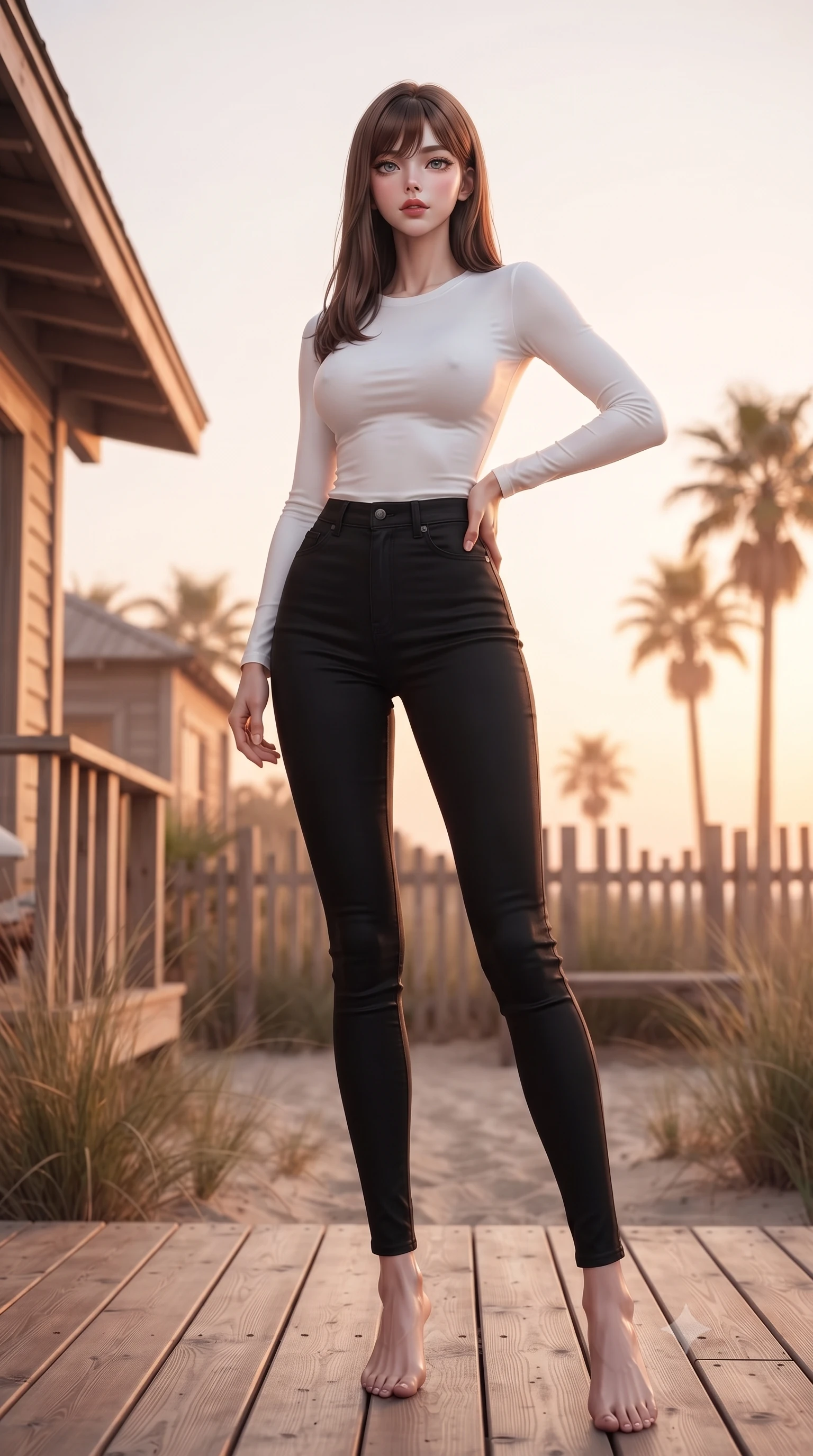 score_9, masterpiece, best quality, ultra-detailed, high-budget anime keyframe, editorial fashion photography, tasteful artistic composition, Korean woman. low angle full-body shot from head to toe showing her feet, filling the entire 9:16 vertical frame with her statuesque presence, stretching her vertical silhouette. posing confidently with one hand on her hip, stretching her statuesque body to emphasize her curves the background shows a soft-focus a cozy cottage deck in the desert oasis, surrounded by beachgrass and wooden fences. She has an absolutely perfect, statuesque 8.5-heads proportion, an exceptionally tall and slender model-like female figure with impossibly long slender legs and an ultra-slim waist. sharp v-shaped jawline, high-bridge nose, intricate jewel-like eyes with depth, thick eyelashes, glossy lips with a natural sheen. wearing a body-hugging tight-fitting long-sleeve tee in pure white, tucked into high-waisted black skinny pants. warm sunset light casting a peaceful, cozy orange wash on her figure. ultra-reflective glossy finish, specular highlights, metallic sheen, high-contrast stereoscopic depth, volumetric dynamic lighting, 2k, ultra detail, master piece, 9:16 ratio