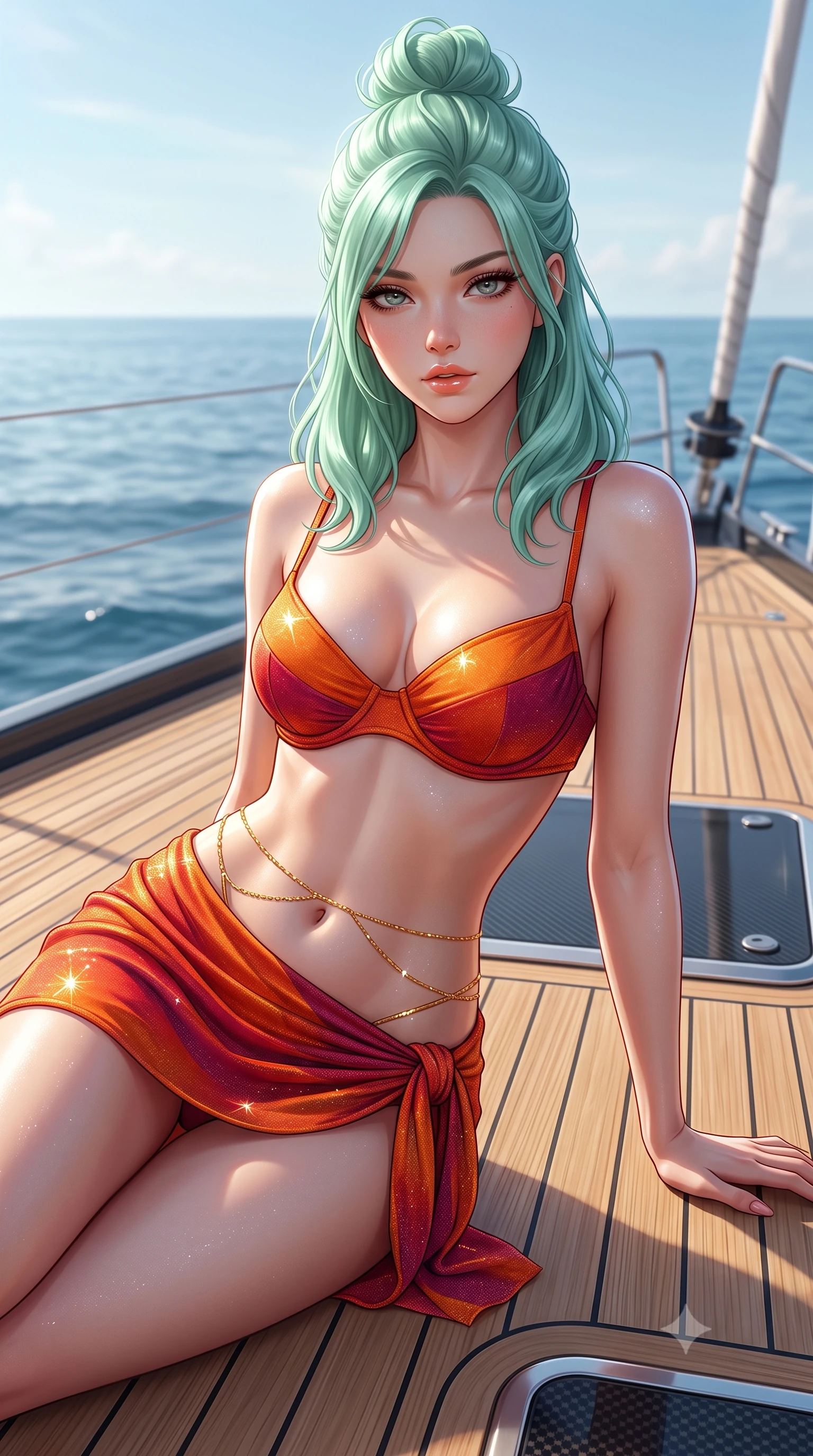 score_9, masterpiece, best quality, ultra-detailed, high-budget anime keyframe, semi-realistic 3D game render, editorial fashion photography, tasteful artistic composition, Japanese woman. close-up cowboy shot from the waist and thighs up, the character dominates the composition, filling the frame with her large presence. leaning forward while arching her lower back to accentuate her curvy hips, looking into the camera with an intoxicating smoldering gaze and bedroom-eyes while lounging gracefully on the flush teak deck propped on one hand, her flat midriff and long slender legs commanding the open sea. The surrounding environment is rendered in vivid detail and crisp panoramic clarity: sharp teak caulking seams, carbon-fiber mast weave, and polished titanium deck hardware in deep focus. She has an exceptionally elegant, slender, and willowy female figure with an ultra-slim waist, flat toned midriff, narrow ribcage, and sculpted feminine hips creating an alluring, slim hourglass silhouette without bulk. sharp v-shaped jawline, high-bridge nose, sparkling eyes with hypnotic seductive depth, thick curled eyelashes, glossy parted lips with a natural dewy peach sheen, alluring bedroom-eyes with an enchanting coquettish smile, exuding magnetic siren charisma and sophisticated glamour, flawlessly proportioned anatomical accuracy, strict slender model proportions, natural body alignment, perfectly sculpted long slender limbs, ultra-slim waistline, clean dynamic posture without body distortion. wearing a structured underwire bikini bustier top paired with an ultra-short draped sarong wrap mini skirt in blazing desert sunset orange and deep canyon crimson, woven from stretch metallic lurex jersey casting radiant starlight glints across her silhouette, accented with a dainty gold belly chain resting across her flat midriff and curving hips, the second-skin tailored fabric adhering flawlessly to her sculpted flat midriff and slender torso, emphasizing her long leg lines and perfectly proportioned willowy build. illuminated by sea spray bounce and sharp platinum rim lights defining her delicate clavicles, ultra-slim waist, and curvy hips. highly saturated vibrant anime colors, detailed shading with soft gradients, rich glossy textures, high-contrast stereoscopic depth, volumetric dynamic lighting, master piece, 9:16 ratio