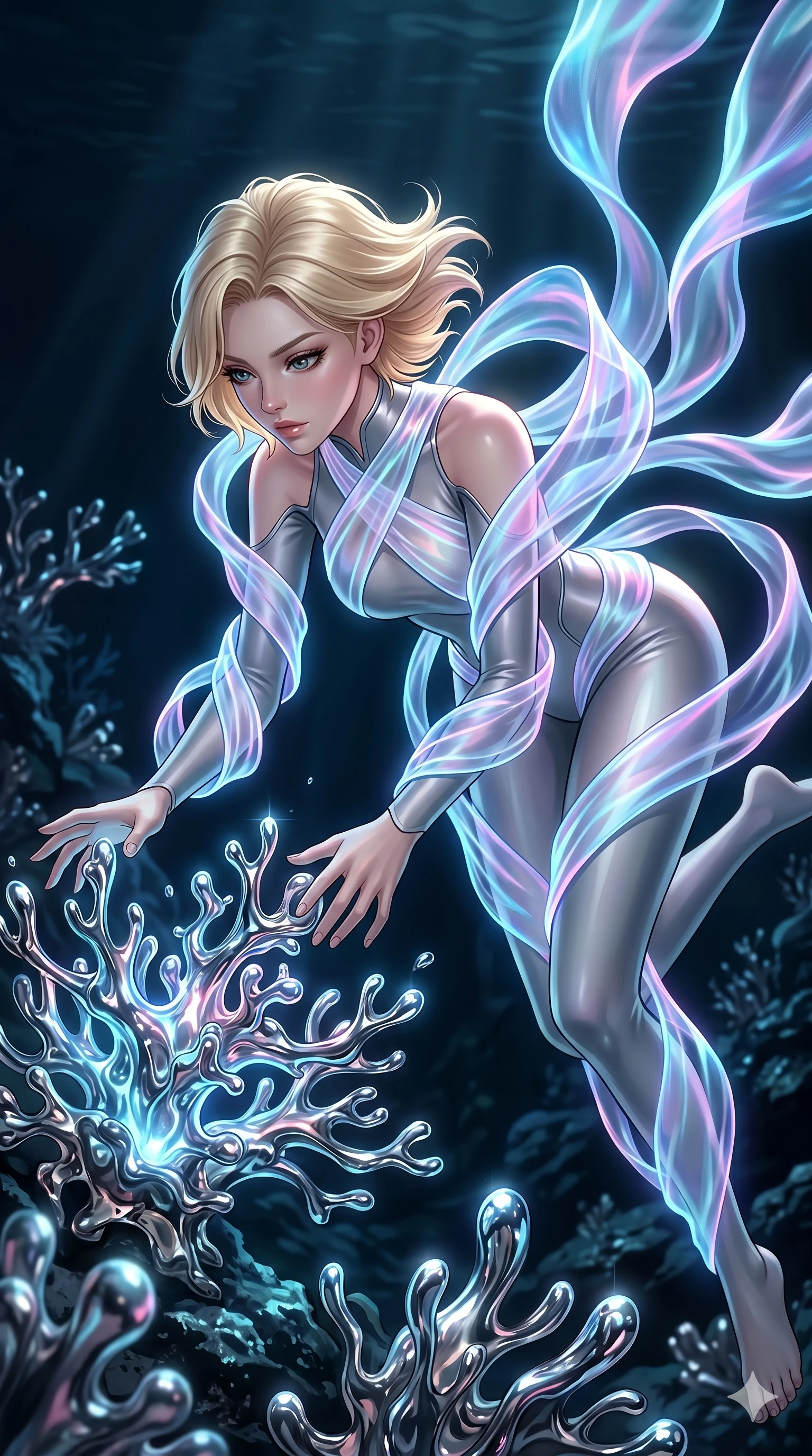 score_9, masterpiece, best quality, ultra-detailed, high-budget anime keyframe, Caucasian woman, strictly human ears. upper body close-up from the thighs up, character filling the screen for maximum presence. diving through a bionic fluid mercury reef where self-replicating liquid chrome corals pulse under dark ocean water. She has an absolutely perfect 8-heads proportion, an exceptionally tall and slender female figure with impossibly long slender legs and an ultra-slim waist. V-shaped jawline, high-bridge nose, intricate jewel-like eyes with depth, thick eyelashes, glossy lips with a natural sheen.. wearing a cybernetic bodysuit with a holographic ribbon, featuring a skin-tight contouring bodysuit wrapped in a translucent flowing holographic organza ribbon. enhanced by a luminous pastel spectrum glow, casting elegant rim lights on her shoulders and jawline. 2k, ultra detail, master piece, 9:16 ratio